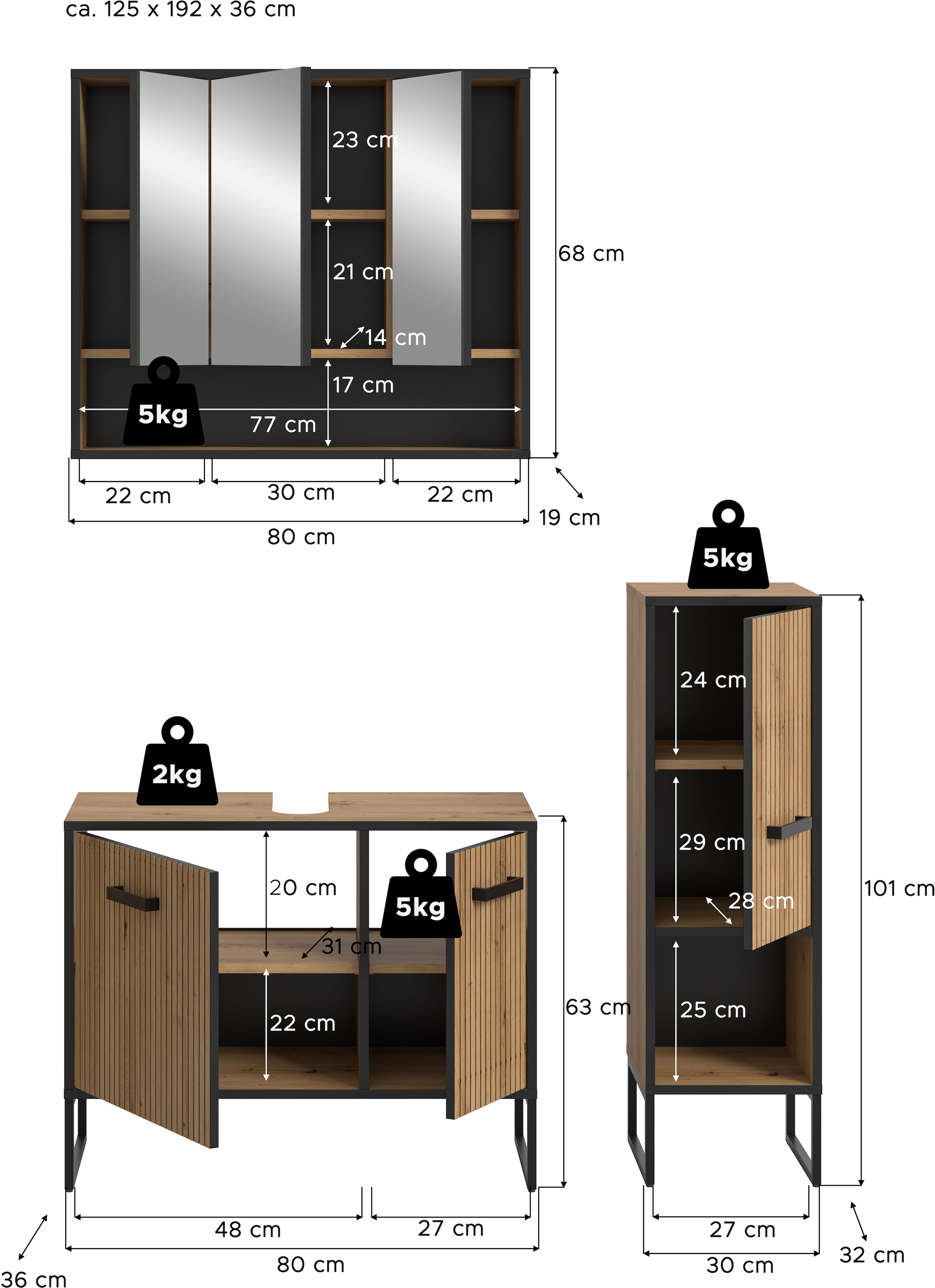 welltime Badmöbel-Set »LOCRI, 3-tlg. Badkombination, Breite 125 cm, Rillenoptik, Metallkufen« bestehend aus: Waschbeckenunterschrank, Spiegelschrank & Standschrank, 3 Stk. tlg.