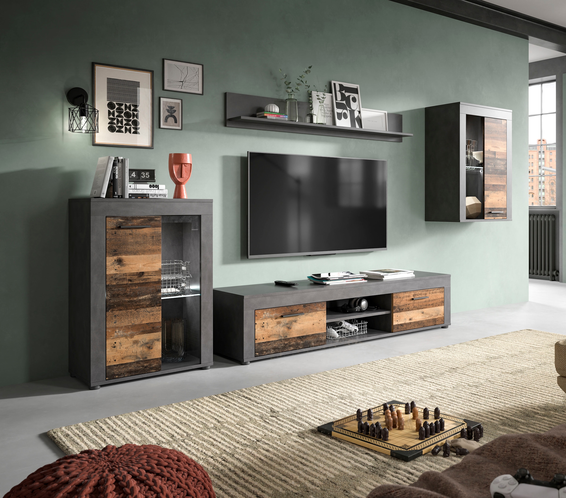 INOSIGN Wohnwand »Aosta, 4-tlg., bestehend aus: 2x Vitrine, Lowboard & Wandboard«, (4 St.), Wohnwand, Kombination, Anbauwand, Möbel Set, Schrankwand, Möbel Kombi