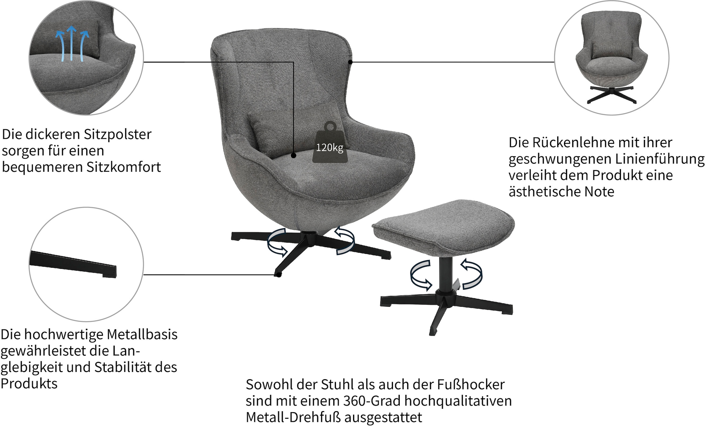 OTTO home Sessel »Yolli Relaxsessel, TV-Sessel mit Hocker« 360° Grad drehbar, Struktur-Bezug