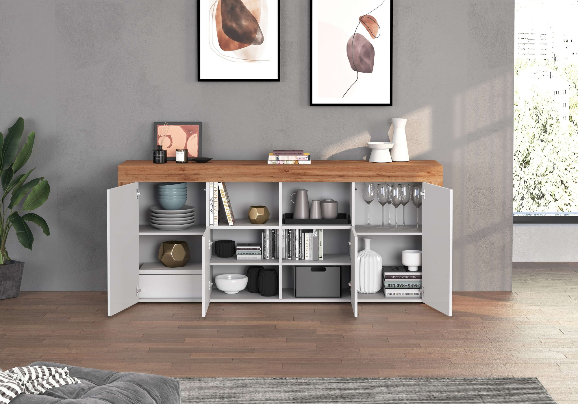 INOSIGN Sideboard »CHRONOS Breite 200 cm mit 4 Türen, 2 offene und 8 geschlossene Fächer«, (1 St.), Sideboard,Kommode, Schrank, Grifflos mit Push to Open, Made in Italy
