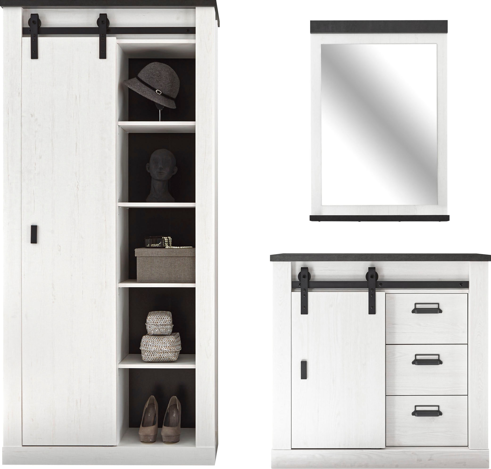 Home affaire Garderoben-Set »SHERWOOD«, (3 St.), mit Scheunentorbeschlag, Apothekergriffe aus Metall
