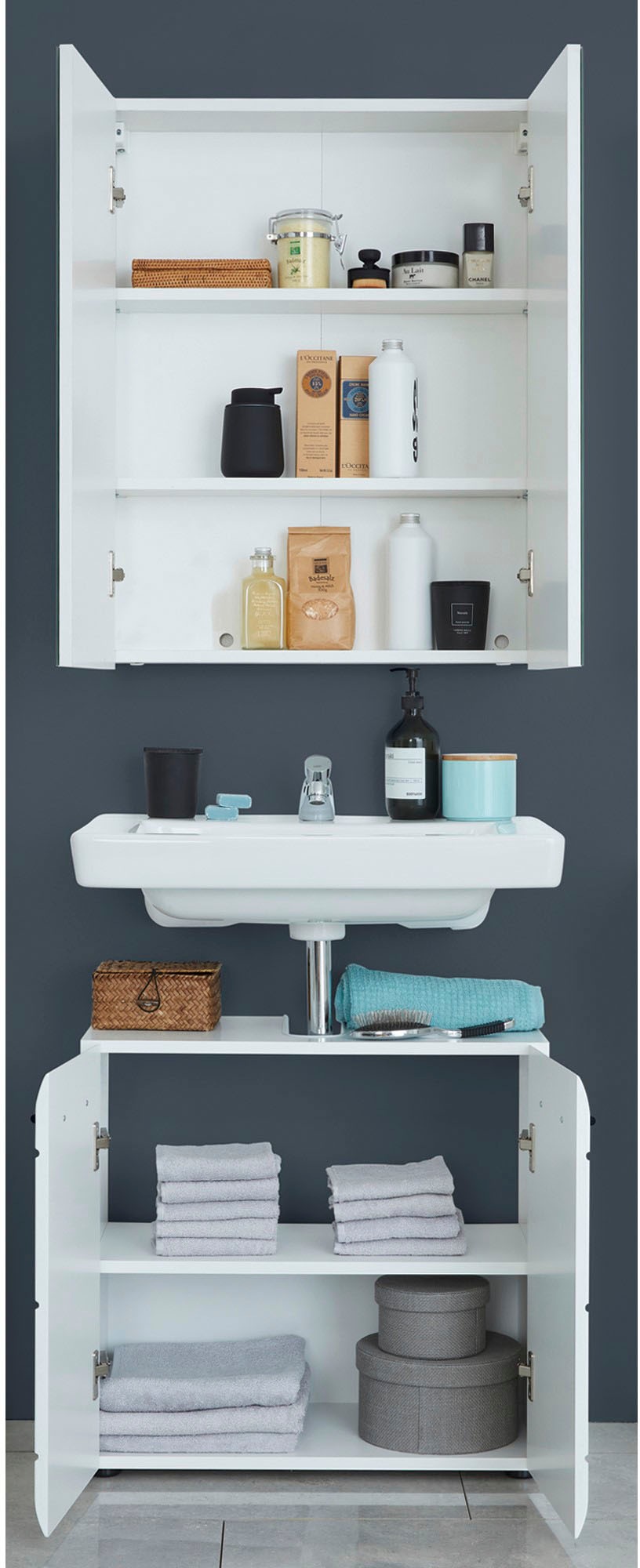 INOSIGN Badmöbel-Set »Sovana«, (Set, 2 St.), Badezimmermöbel Waschtisch und Spiegelschrank mit verstellbaren Böden