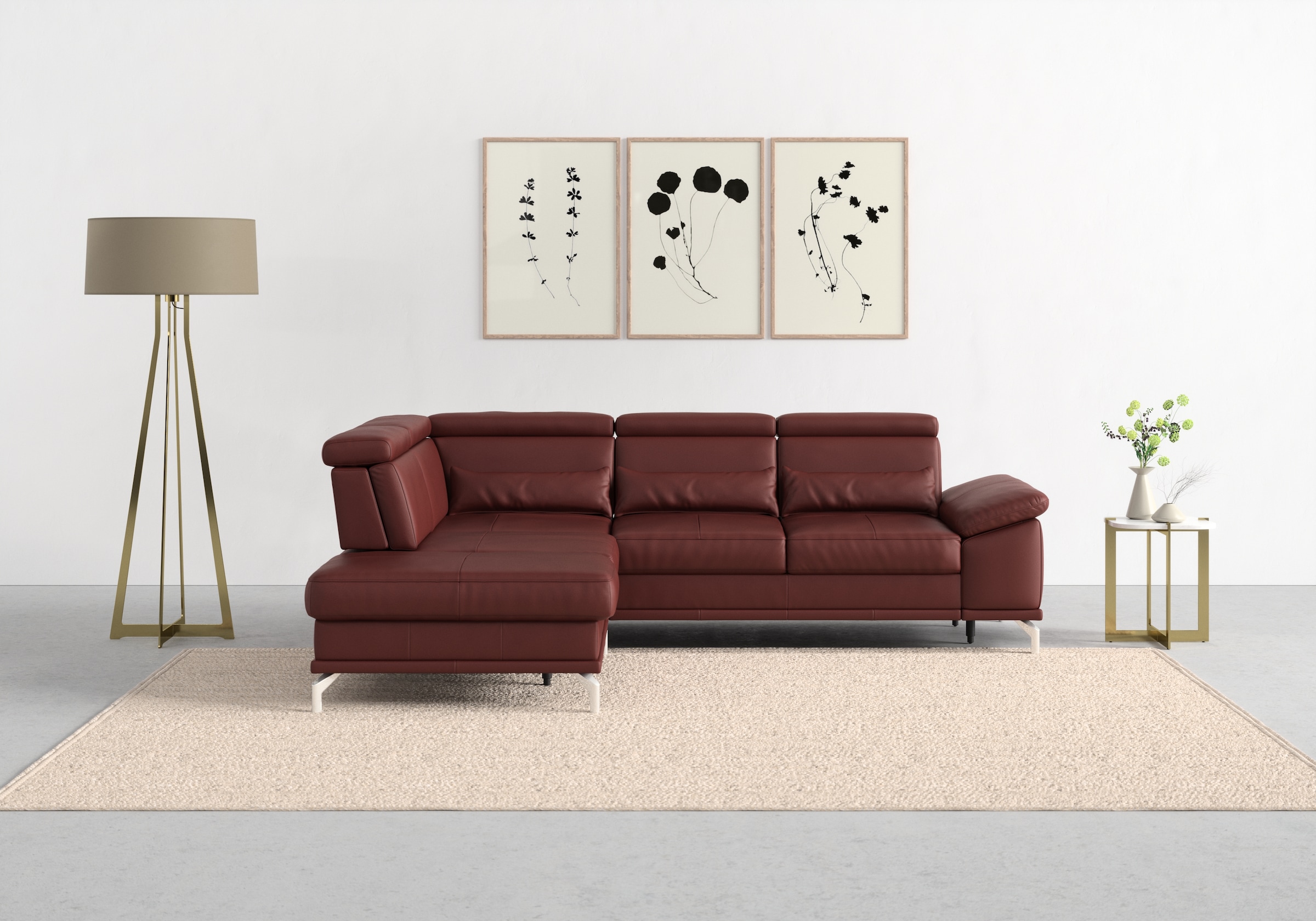 sit&more Ecksofa »Cabrio L-Form, mit Sitztiefenverstellung, Arm- und Kopfteilverstellung«, 3 Nierenkissen, Federkern, optional Bettfunktion und Stauraum