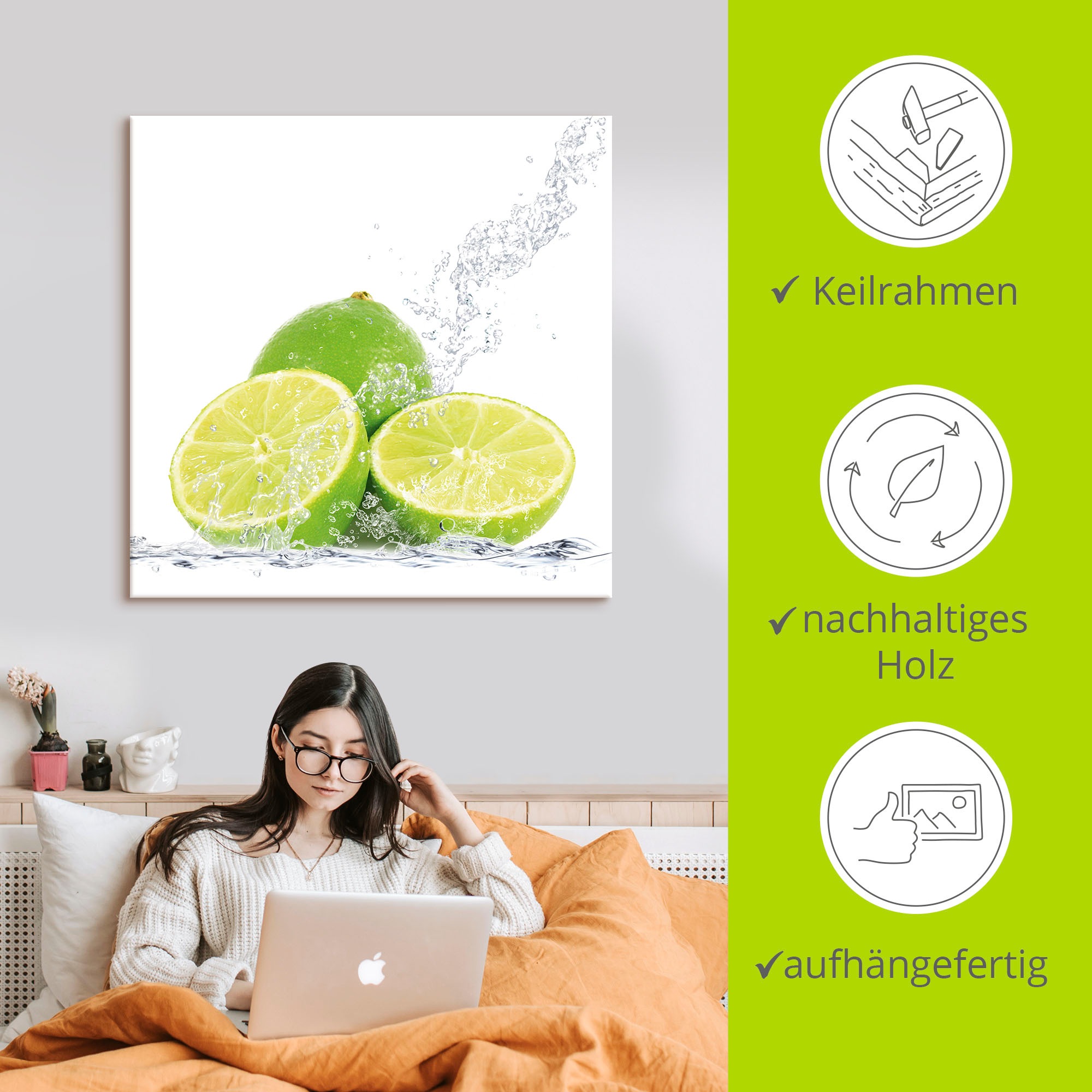 Artland Wandbild »Limette mit Spritzwasser«, Lebensmittel, (1 St.), als Leinwandbild, Poster, Wandaufkleber in verschied. Größen