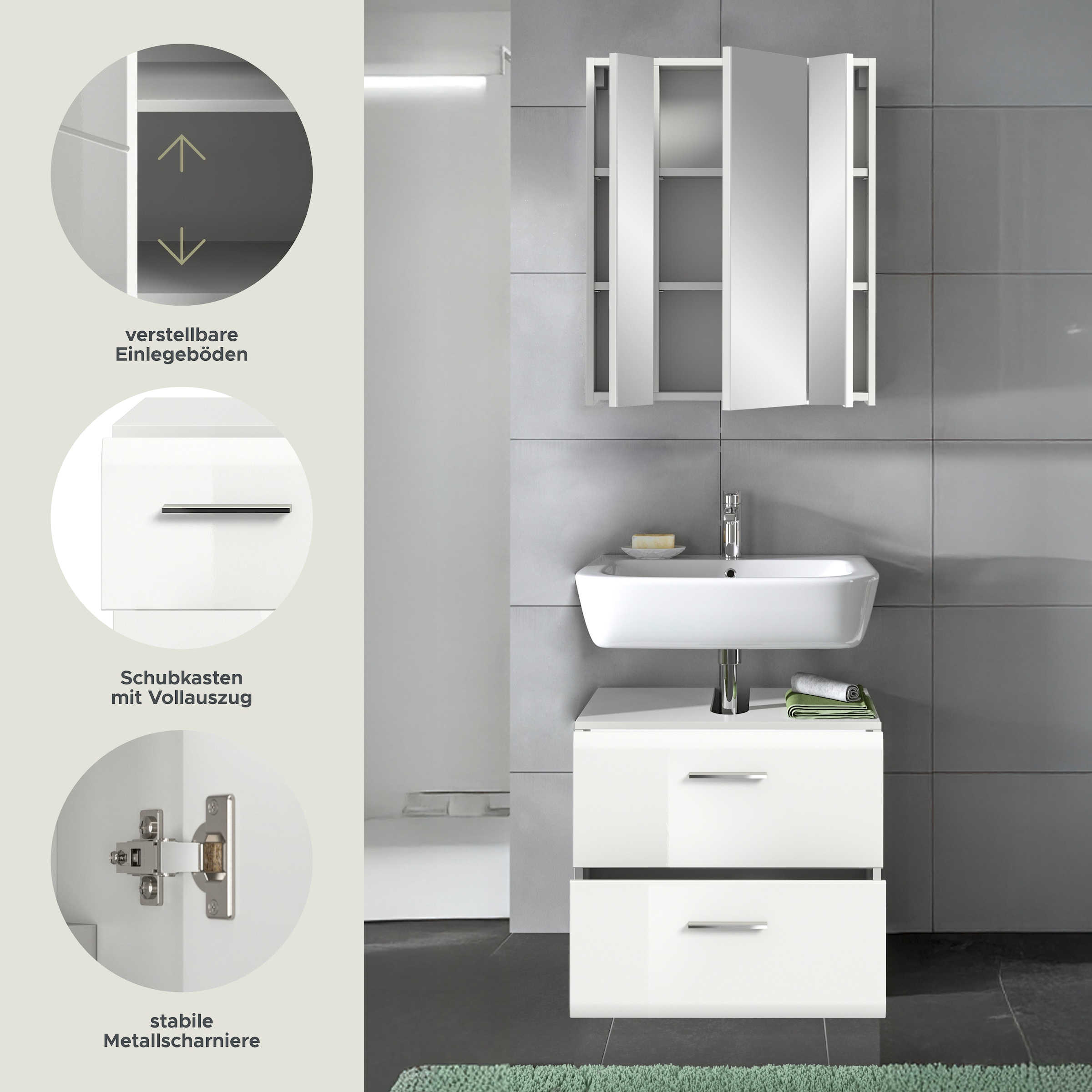 INOSIGN Badmöbel-Set »FLORENZ, TOPSELLER!, 2-teilige Badkombination, hochwertige MDF-Front«, (bestehend aus: 1 Waschbeckenunterschrank, 1 Spiegelschrank), Bad-Kombination, Bad-Möbel, Badezimmer, Kombination, Kombi