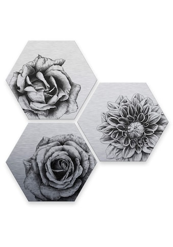 Wall-Art Mehrteilige Bilder »Silbereffekt Blumen Set«, (Set, 3 St.) kaufen