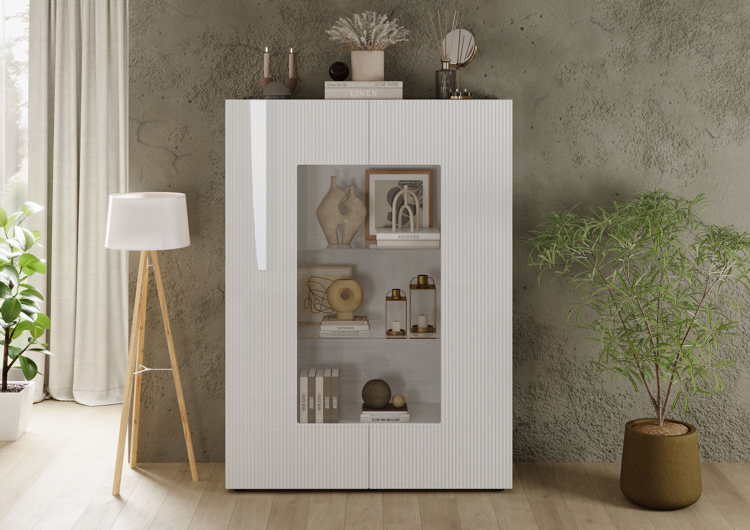 INOSIGN Vitrine »Country Höhe 166 cm, Hochschrank mit 2 Türen, Anrichte, Standvitrine«, geriffelte Front, modern u. elegant, viel Stauraum