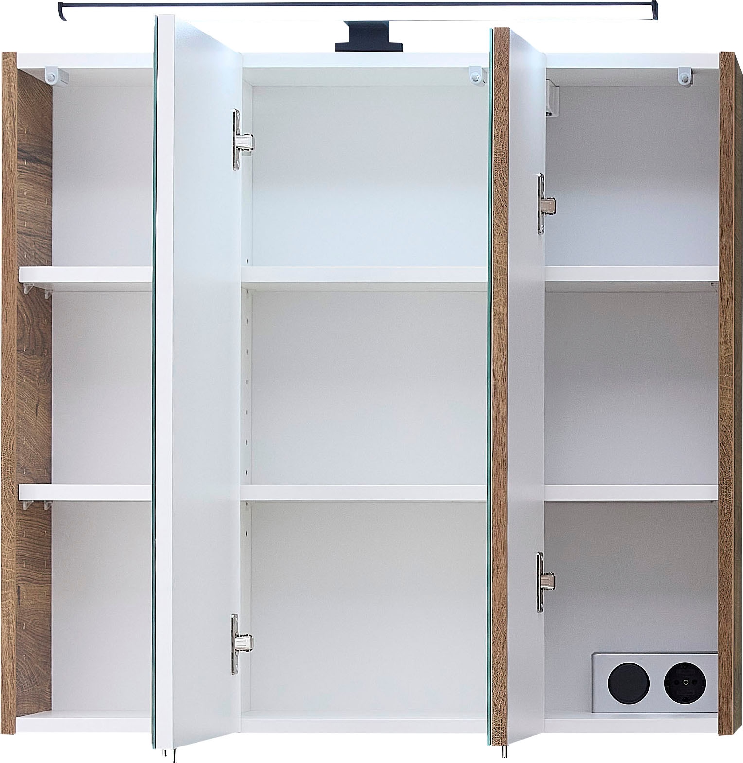 Saphir Spiegelschrank »Quickset 374 Badschrank, 3 Spiegeltüren, 6 Einlegeböden, 75 cm breit« inkl. LED-Beleuchtung, Türdämpfer, Schalter-/Steckdosenkombination