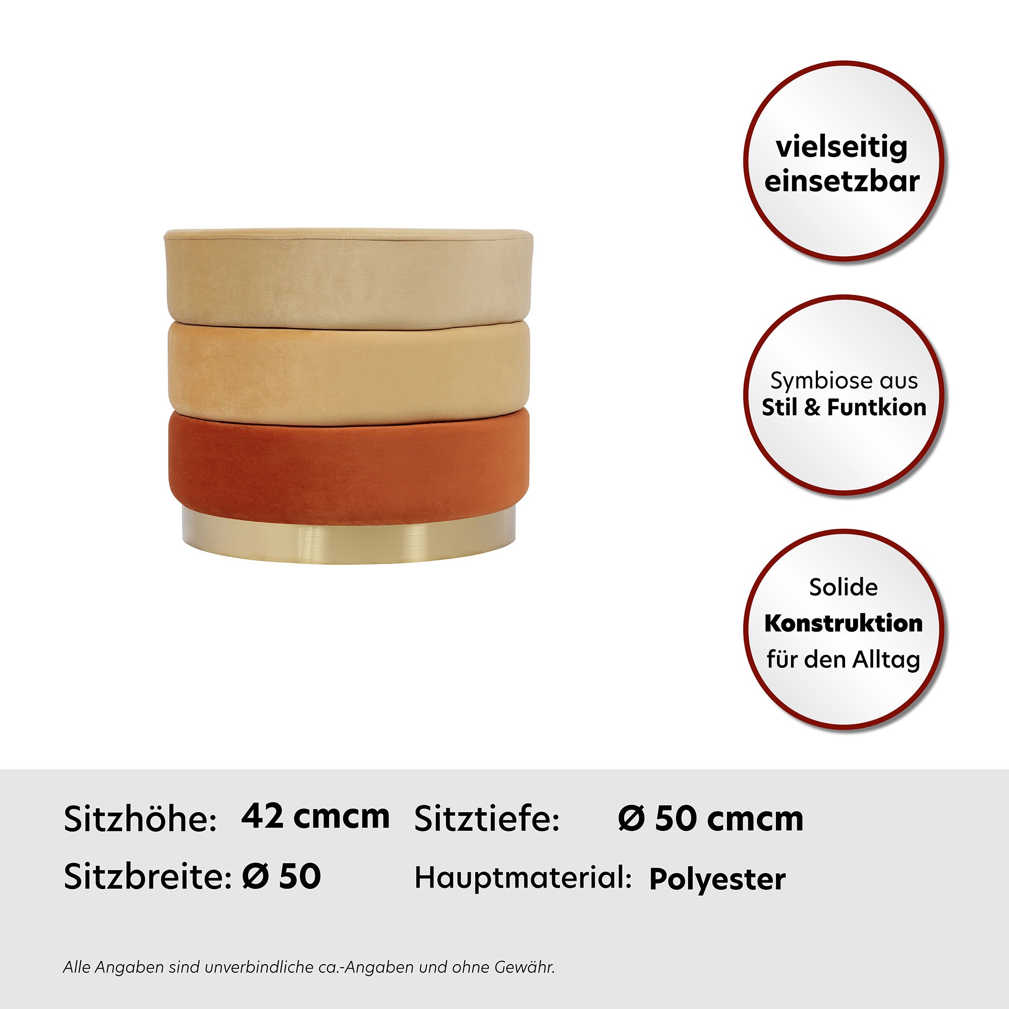 Kayoom Polsterhocker »Hocker Matilda 325, Edler Touch durch goldenen Sockel« 1 Stk. tlg. Samtbezug, farbig geschichtete Polsterung, goldener Sockel