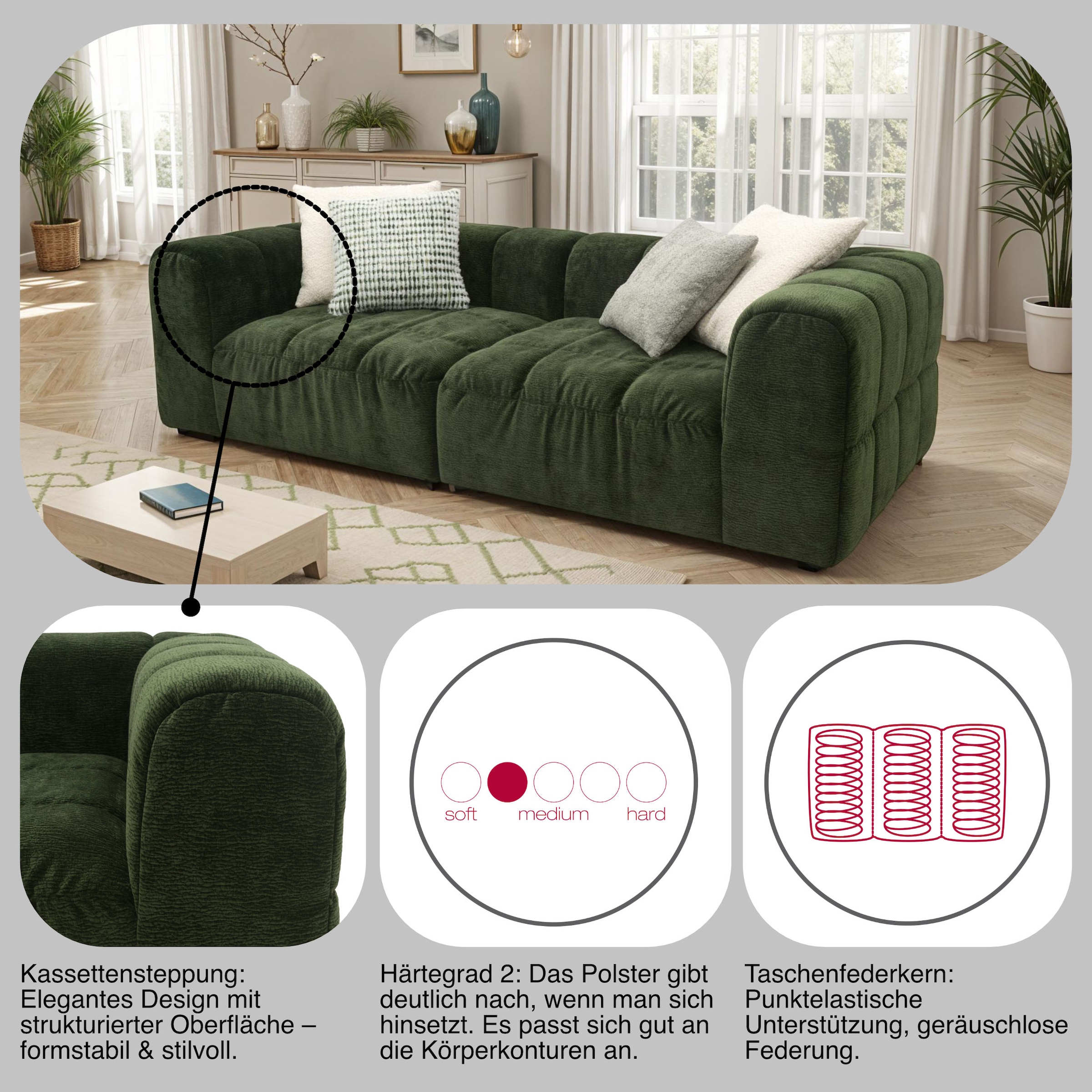 DOMO collection Big-Sofa »800019 Megasofa in 2 Breiten, Kassettensteppung, modern, Federkern«, (2 St.), Bigsofa mit Taschenfederkern und Kassettensteppung