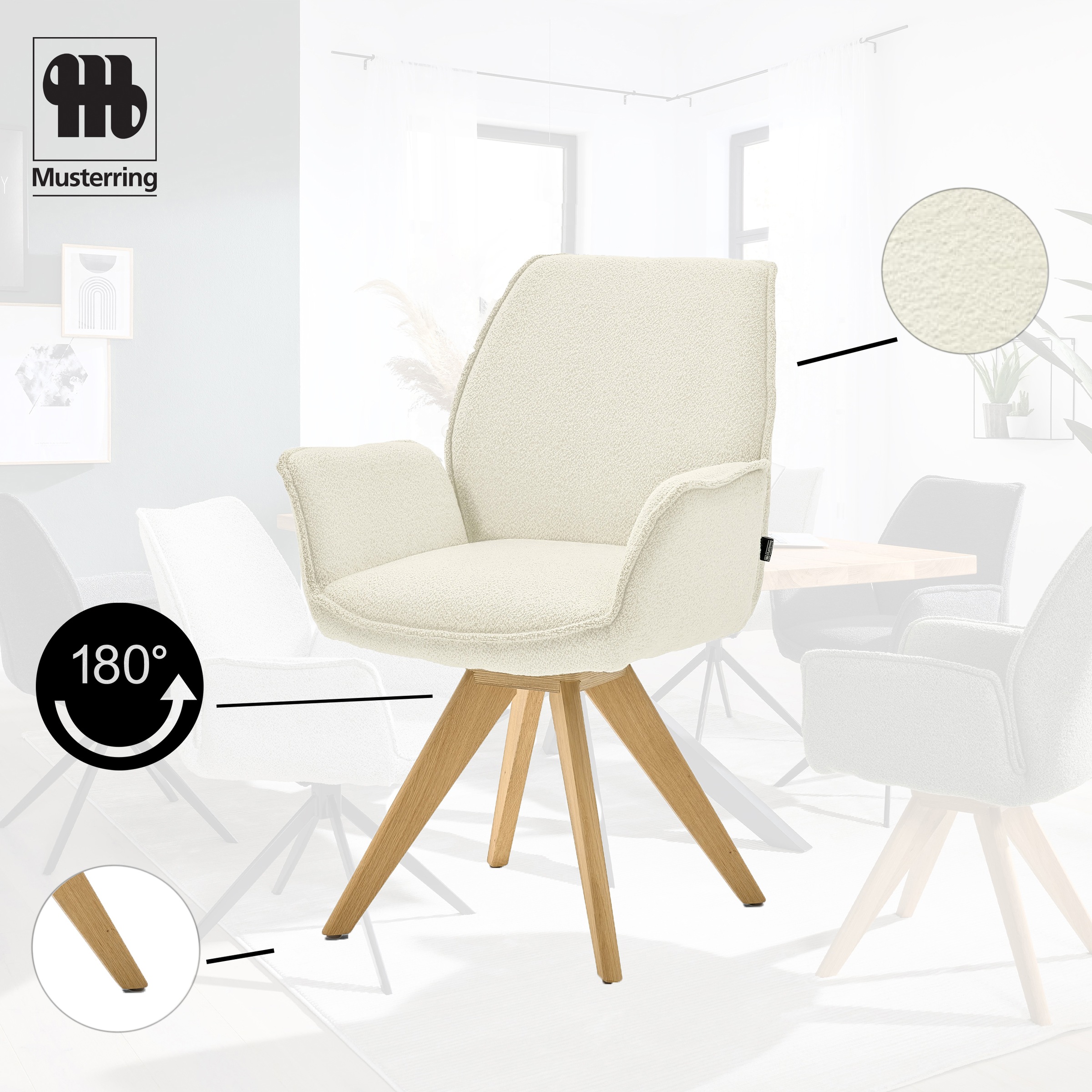 Musterring Esszimmerstuhl »Tiama«, (Set), 2 St., Bouclé, Stativgestell Eiche massiv, 180° drehbar, Stoff Cord oder Bouclé