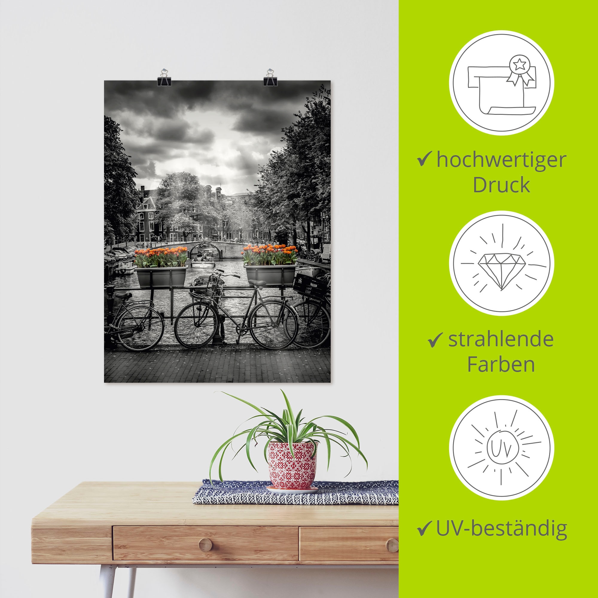 Artland Wandbild »Amsterdam Herengracht & Sonnenstrahlen«, Fahrräder, (1 St.), als Leinwandbild, Poster in verschied. Größen