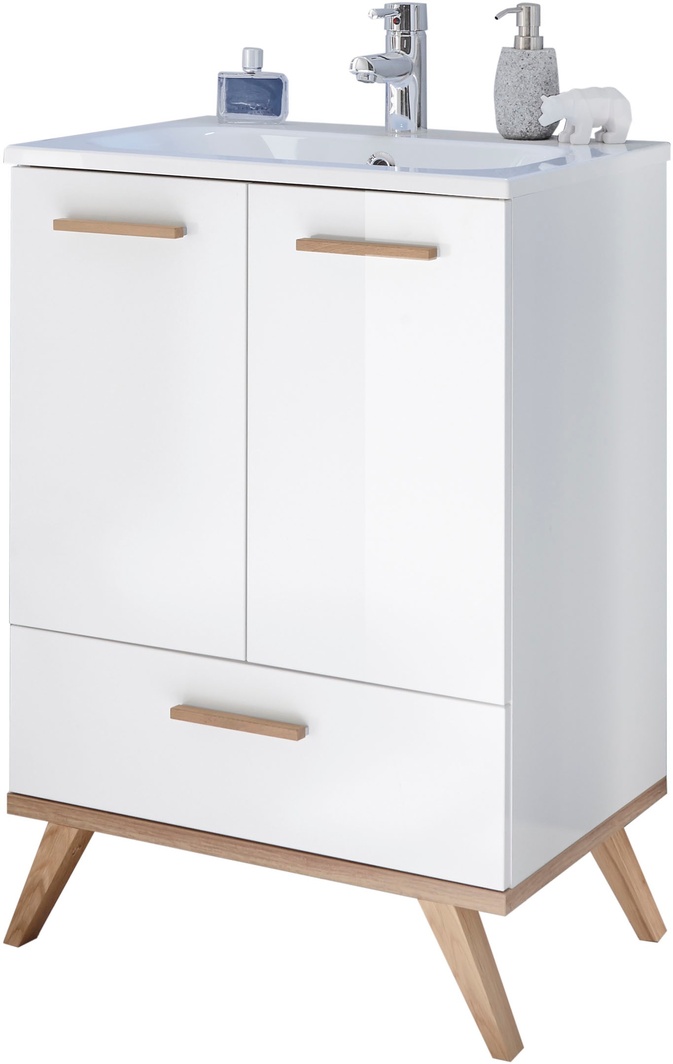 Saphir Badmöbel-Set »Quickset 2-teilig, Mineralmarmor-Waschtisch und LED-Spiegel«, (4 St.), Waschplatz 61 cm breit, 2 Türen, 1 Schublade, Spiegel-Ablage, Bad-Set