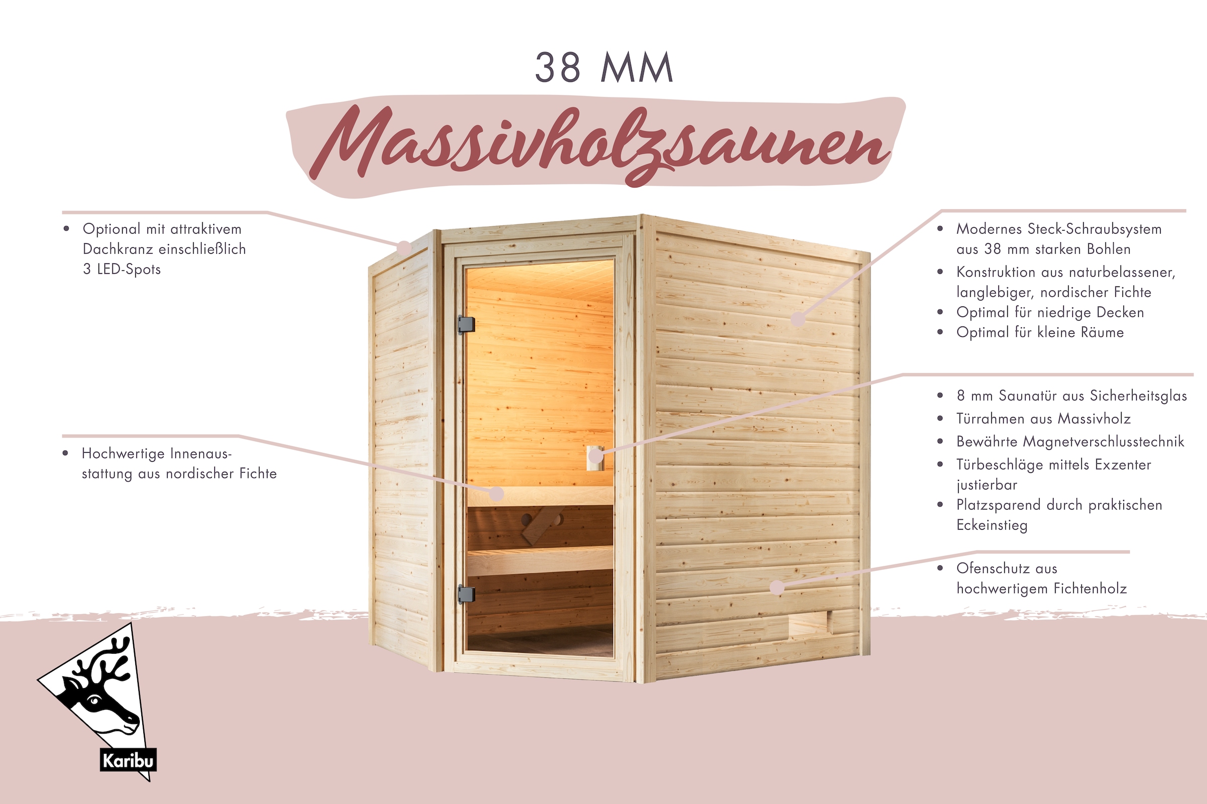 Karibu Sauna »"Juli" mit bronzierter Tür, naturbelassen« aus hochwertiger nordischer Fichte