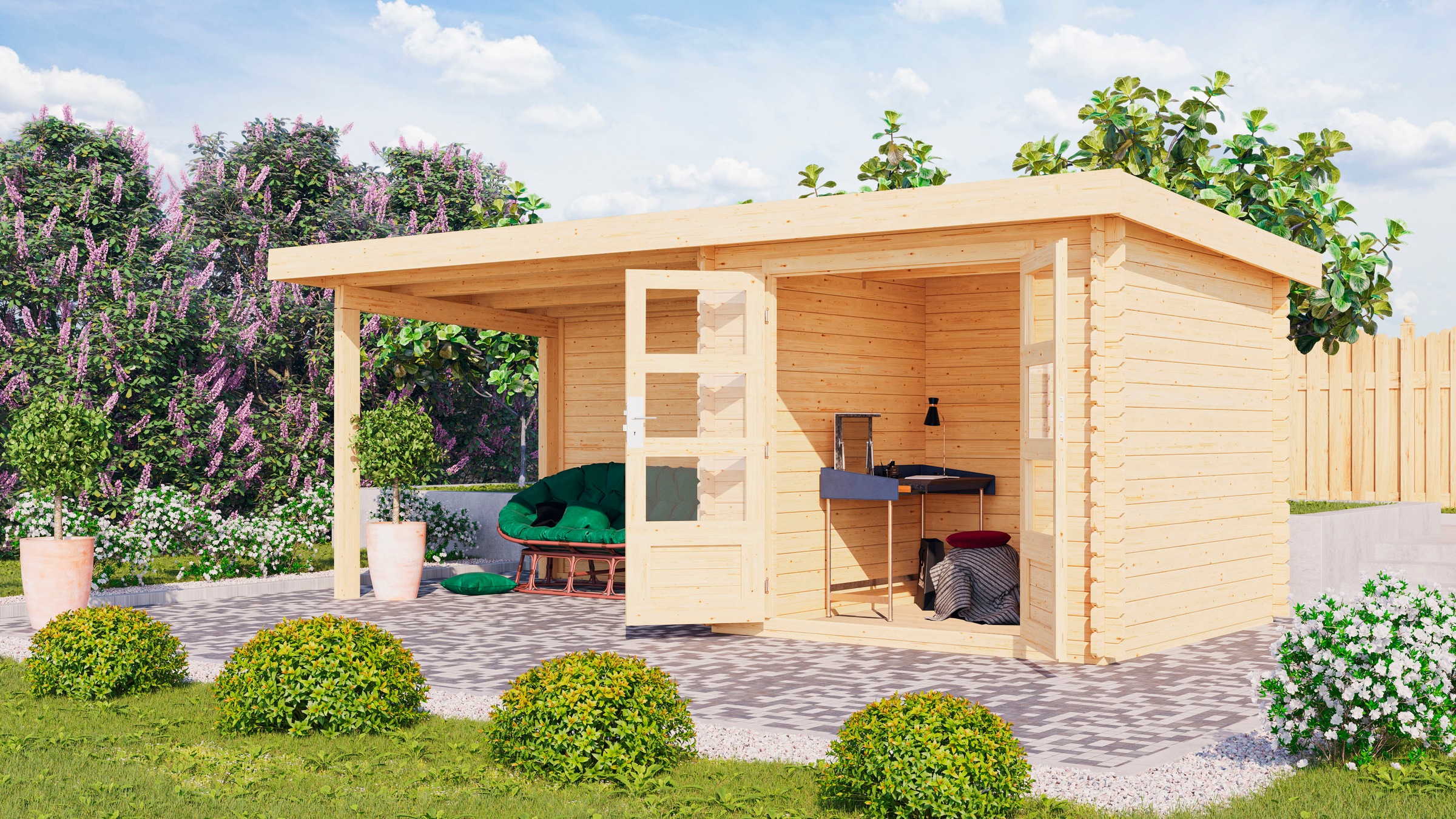 Karibu Gartenhaus »Schloßsee 2«, mit Anbaudach und Rückwand