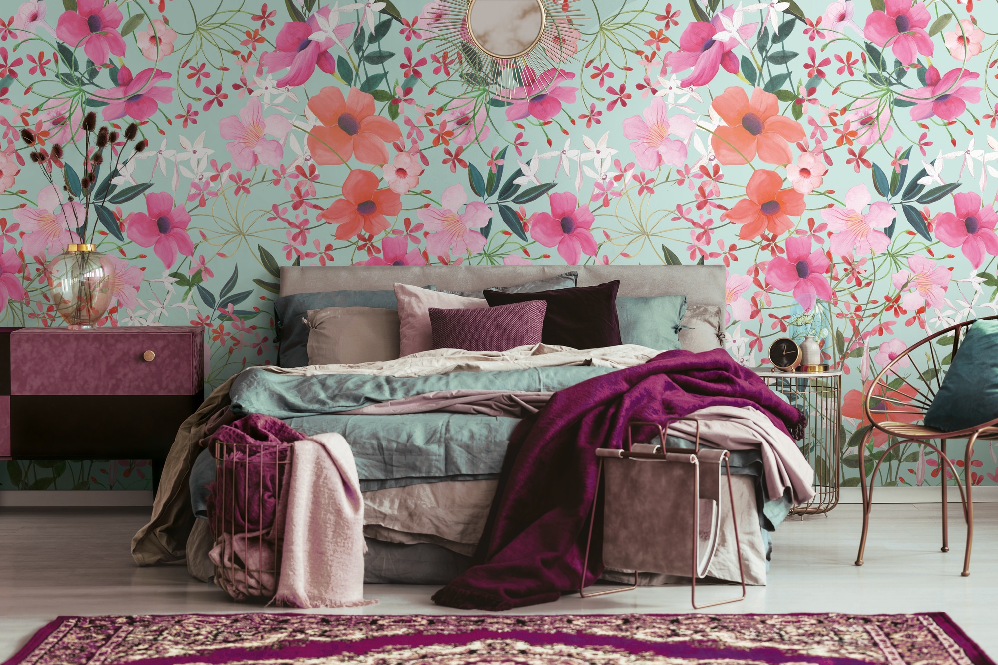 living walls Fototapete »Fototapete Blumenranke«, matt-gemustert-neutral, Blumentapete Floral Tapeten Wohnzimmer Schlafzimmer Küche Türkis Optik