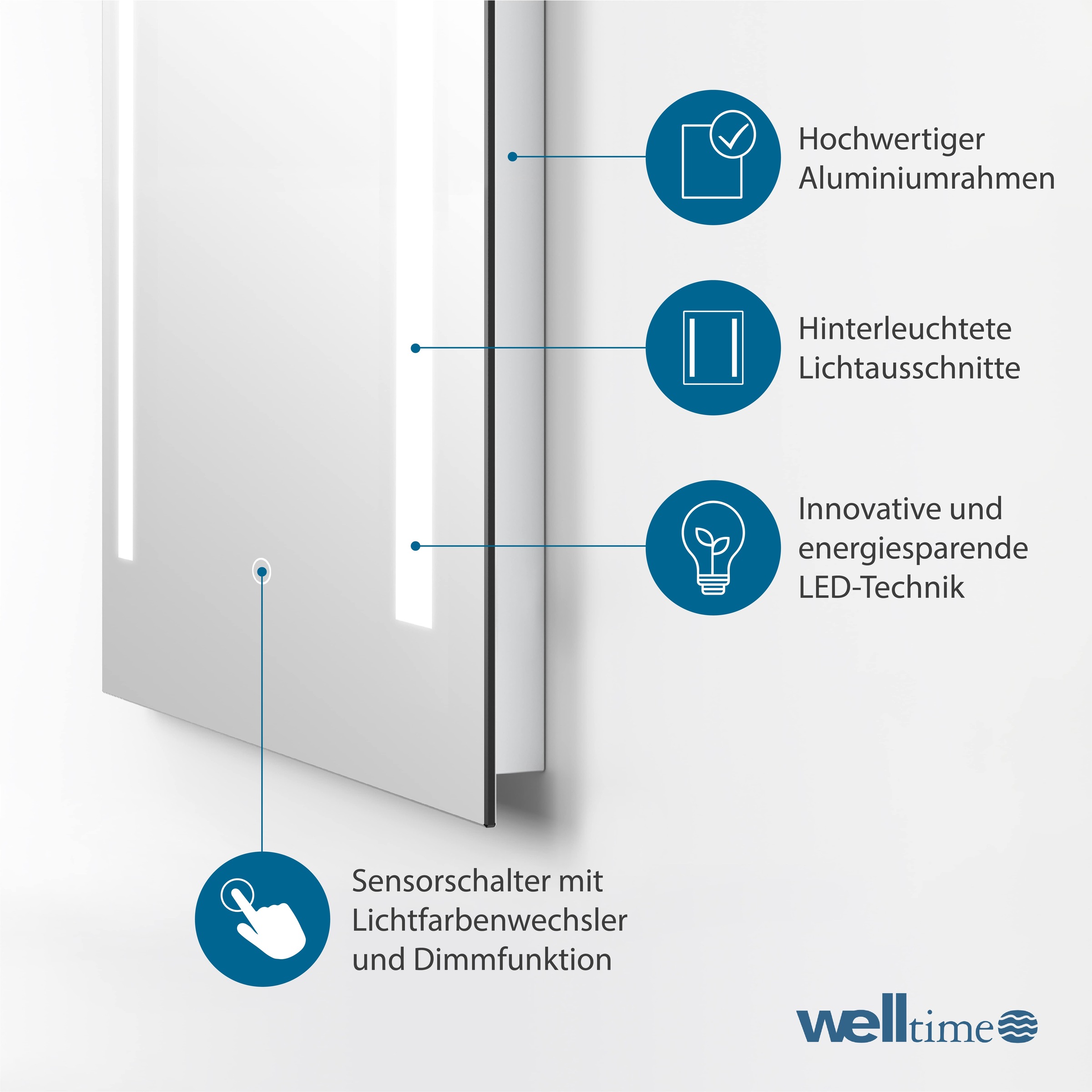 welltime LED-Lichtspiegel »Plaza«, mit Lichtfarbenwechsler und Dimmschalter, in verschiedenen Größen