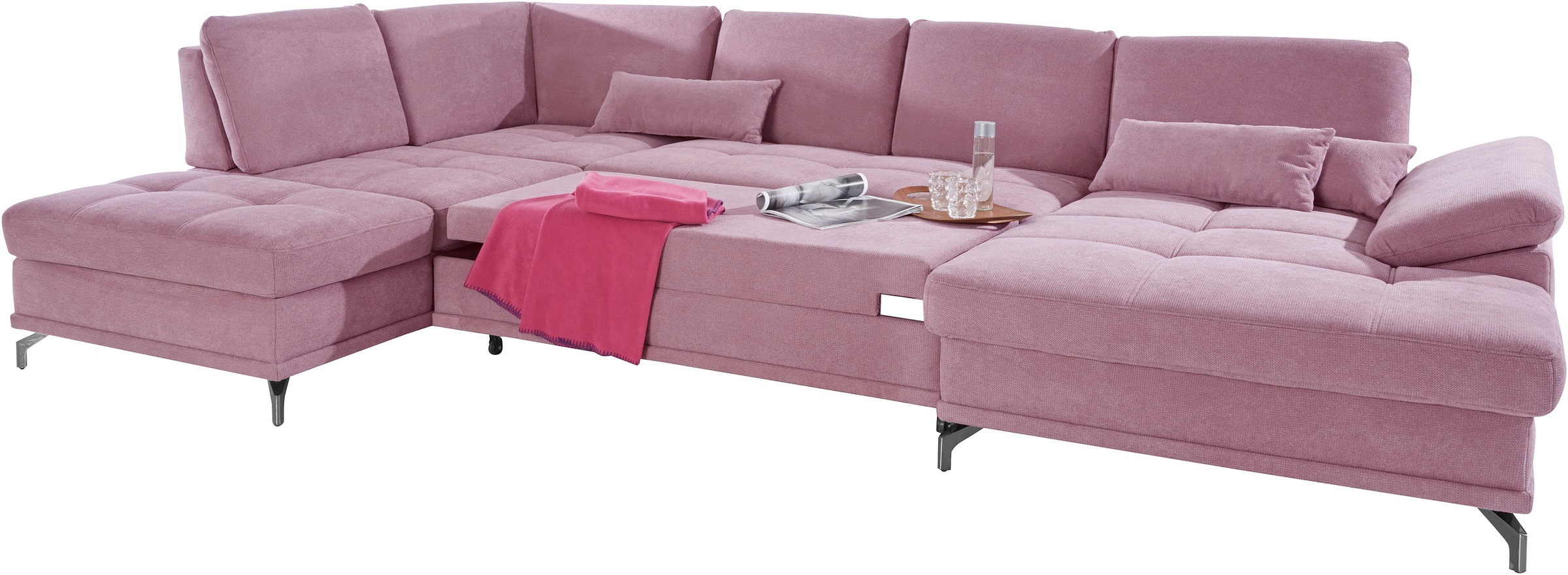 Places of Style Wohnlandschaft »Costello U-Form, mit Sitztiefenverstellung, Armteilverstellung und«, 3 Nierenkissen, optional Bettfunktion und Bettkasten