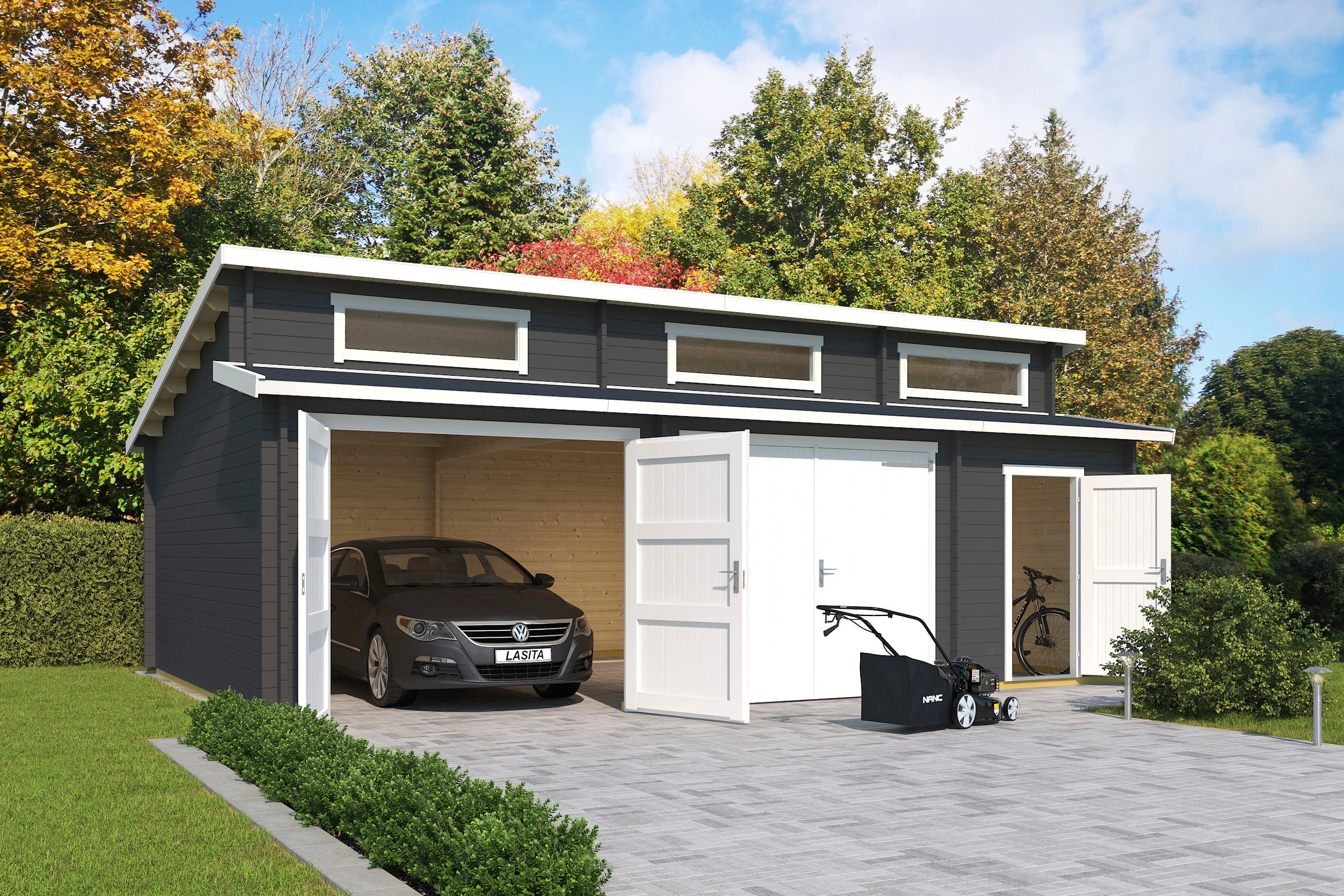 LASITA MAJA Garage »Hawaii«, (Set, Für 2 Fahrzeuge geeignet), Garage + 2 Holztoren