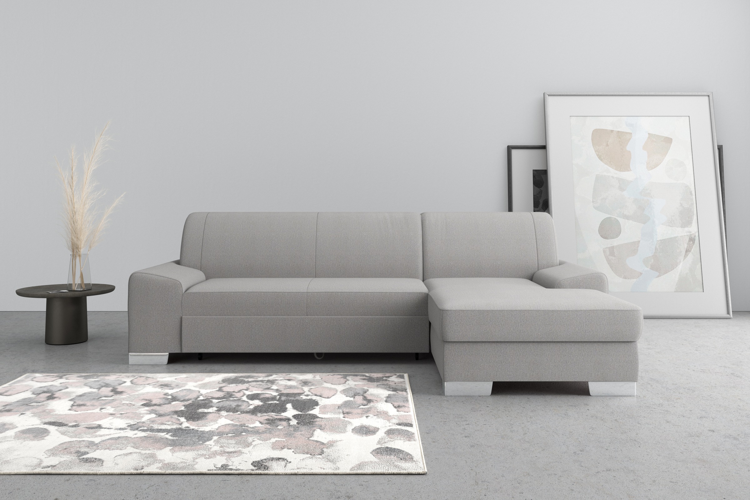 DOMO collection Ecksofa »Anzio L-Form, whlw. Bettfunktion, Federkern, hochwertig, Breite 271 cm«, Mit Bettfunktion, Recamiere rechts, Chenille-Struktur, grau
