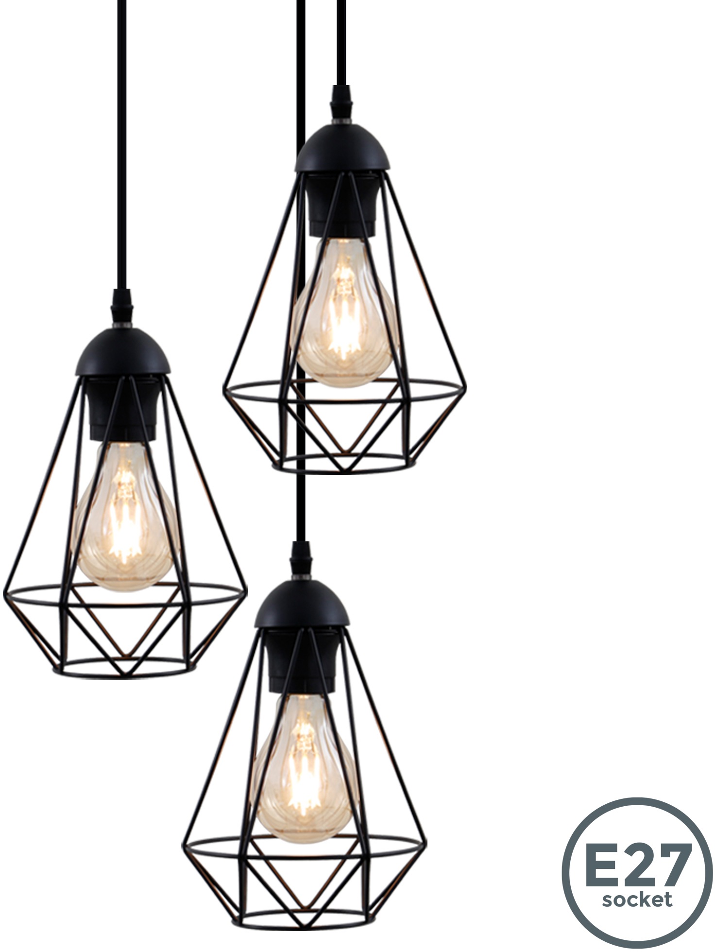 B.K.Licht Pendelleuchte, 3 flammig, Leuchtmittel E27 | ohne Leuchtmittel, Hängelampe, schwarz, Metall, Draht, Vintage, Retroleuchte, E27