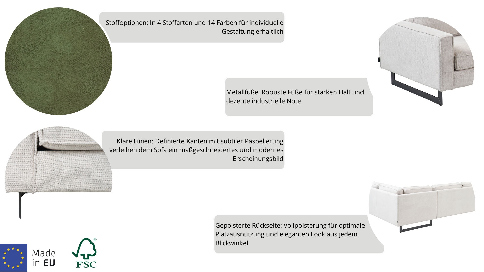 Places of Style Loveseat »Pinto 105 cm, Cord, Chenille, Lederoptik«, mit Keder, Metallfüßen und auch in Cord Bezug erhältlich