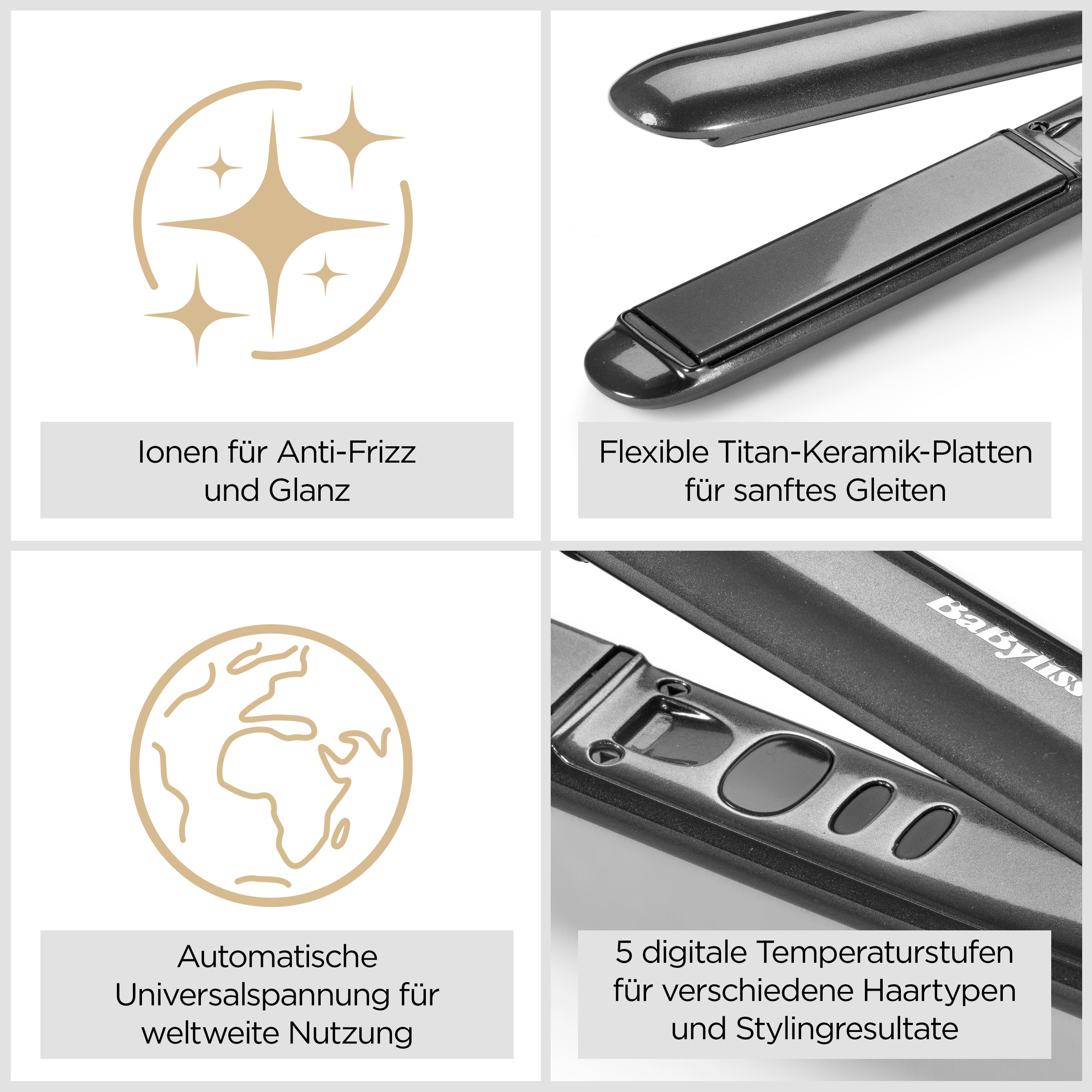 BaByliss Glätteisen »Titanium Shine professionelles Glätteisen, ST620E« Haarglätter, Titan-Keramikplatten, Ionen-Technologie, 5 Temperaturen