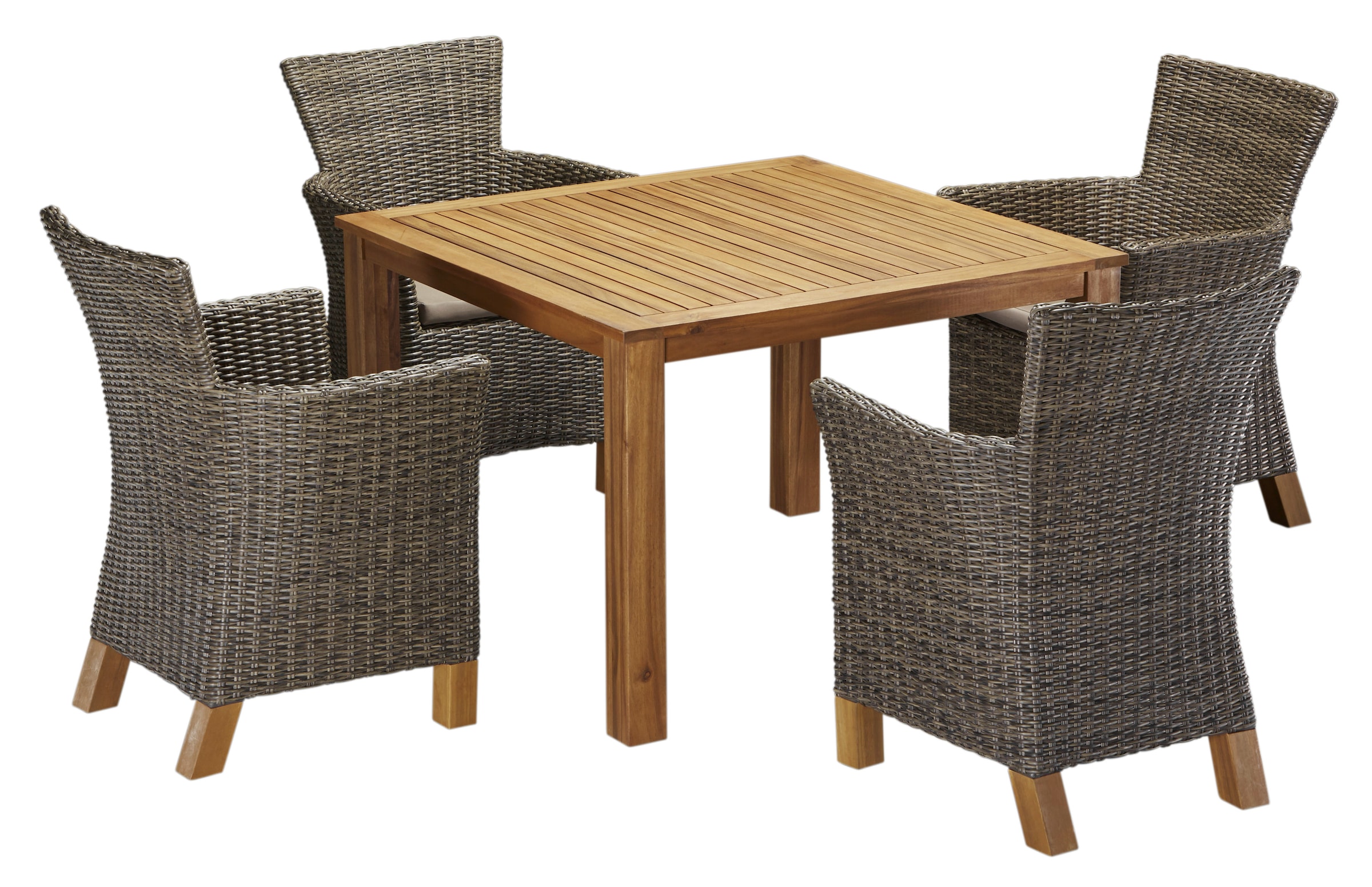 MERXX Garten-Essgruppe »Toskana«, (9 tlg.), 4 Sessel, Tisch 110x110x75 cm, Polyrattan/Akazie