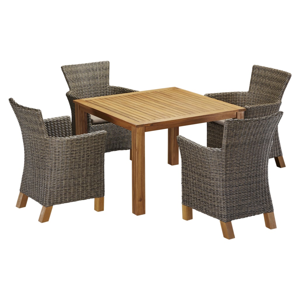 MERXX Garten-Essgruppe »Toskana«, (9 tlg.), 4 Sessel, Tisch 110x110x75 cm, Polyrattan/Akazie