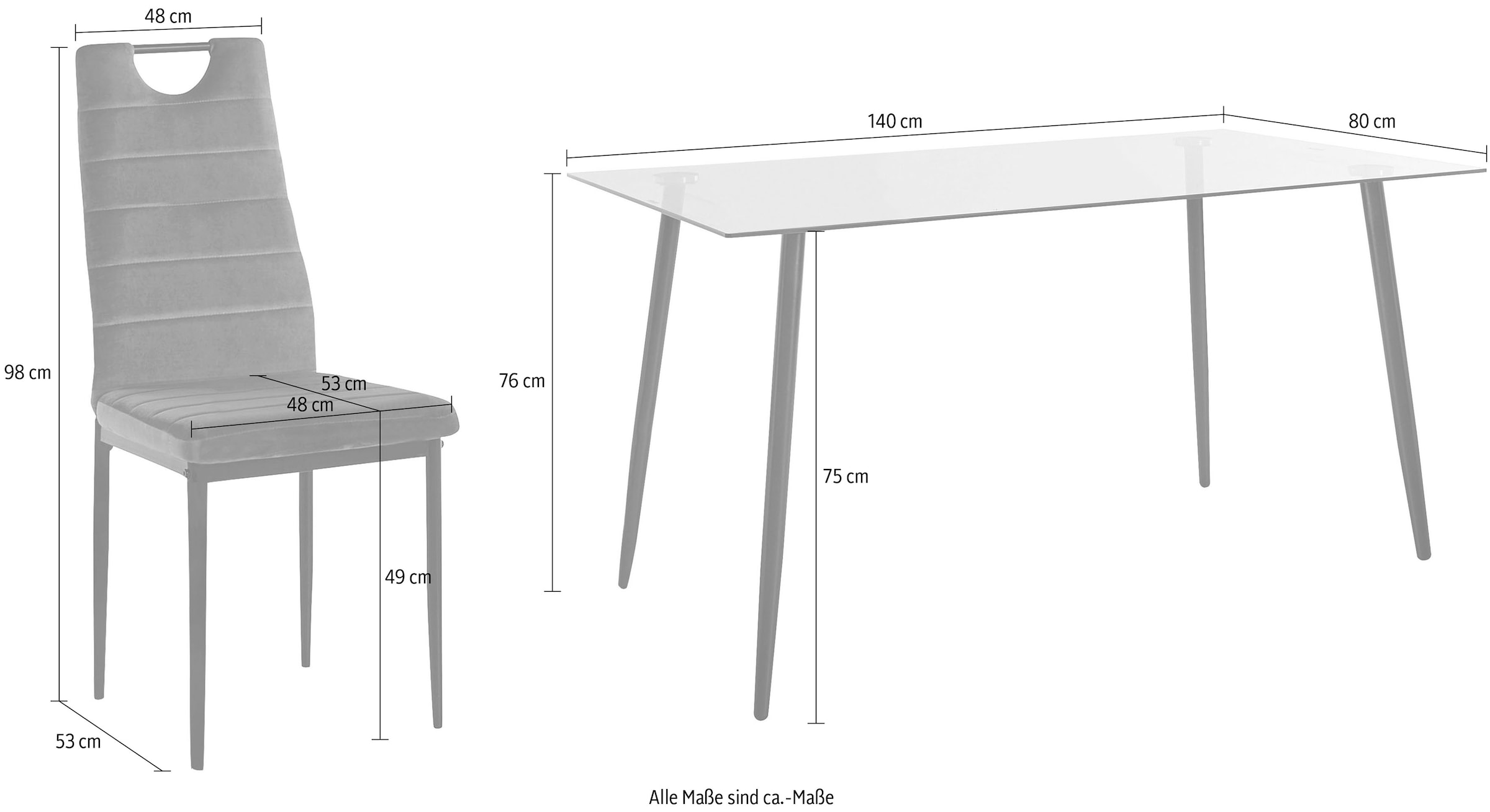 INOSIGN Essgruppe, (Set, 5 tlg.), 140 Bezug Glastisch, Samtstoff und Esszimmerstühlen, auf Rechnung aus cm 4 bestellen Breite
