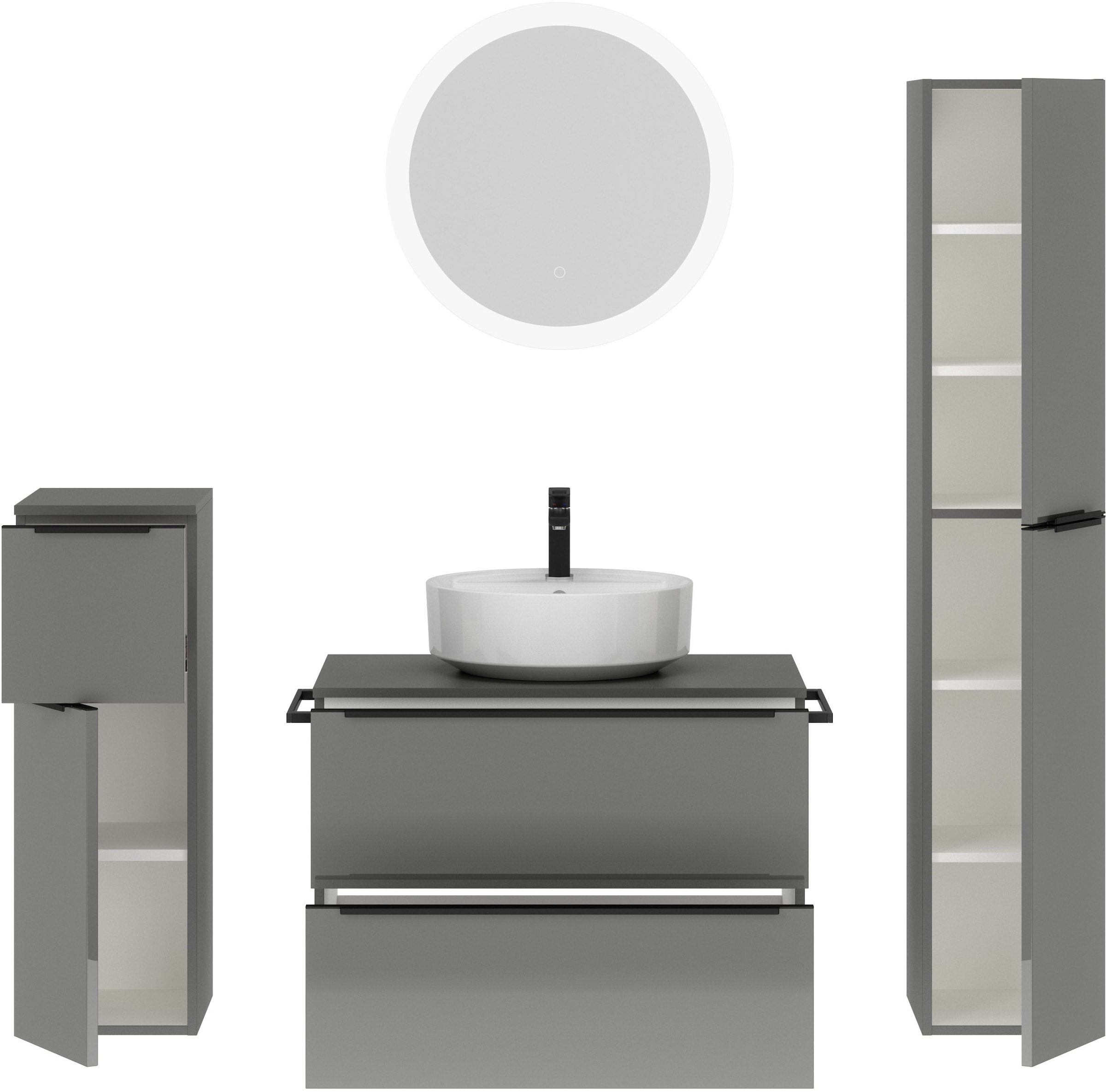 nobilia® Badmöbel-Set »Alvene«, (4 St., vormontiert, mit Soft-Close), Hochglanz, inkl. Spiegel mit Touch-Sensor, in vier Breiten