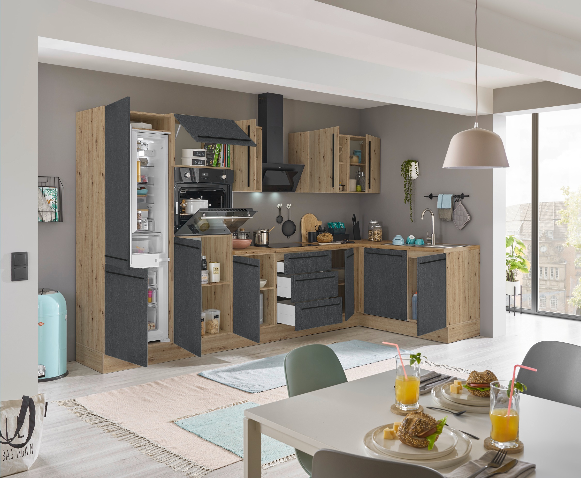 KOCHSTATION Winkelküche »Florida, Stellbreite 340x175 cm«, wahlweise mit E-Geräten, mit Softclose für Türen und Schubkästen