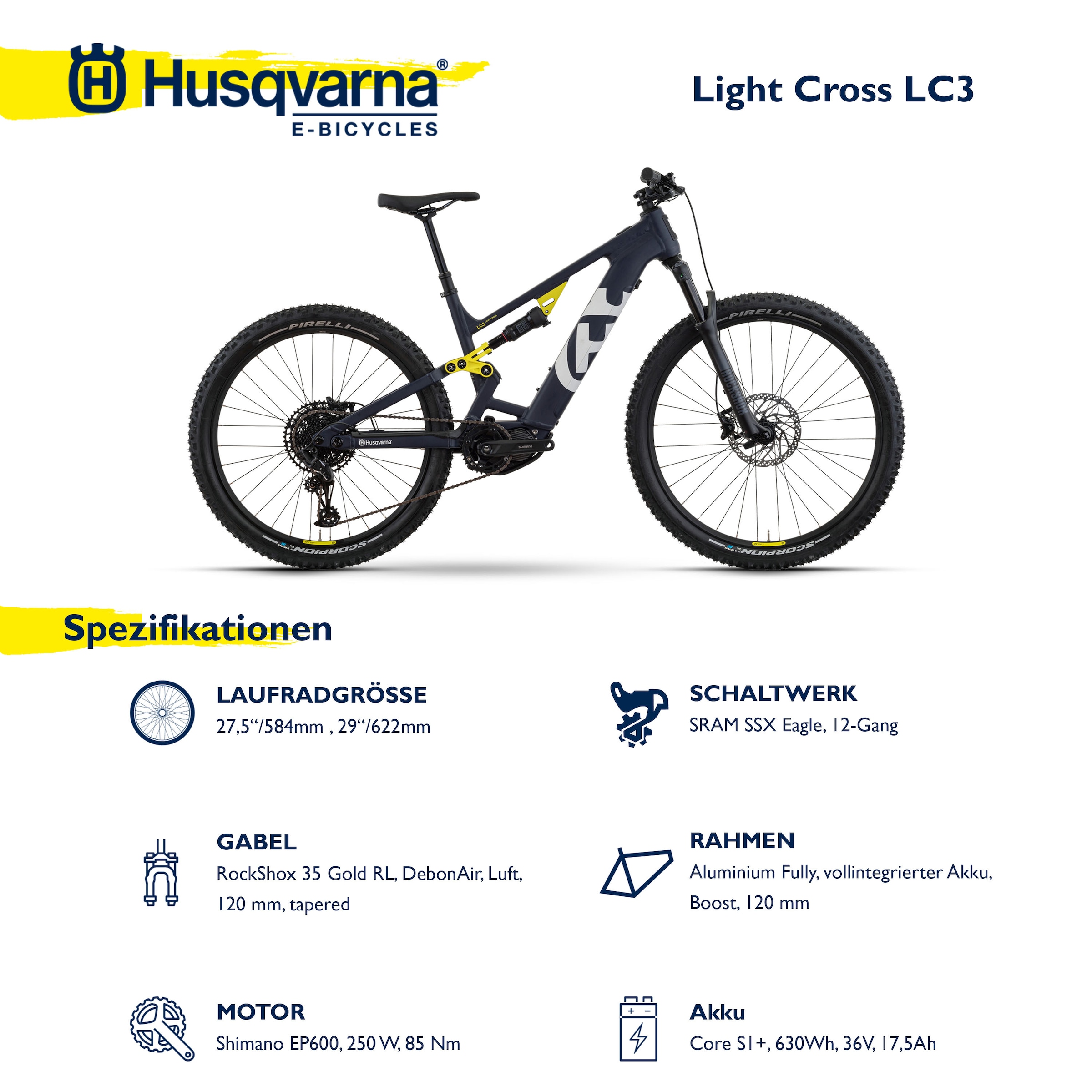 Husqvarna E-BICYCLES E-Bike »E-Mountainbike Light Cross LC3«, 12 Gang, SRAM, SX Eagle, Mittelmotor 250 W, Pedelec, Elektrofahrrad für Herren, MTB, Bluetooth
