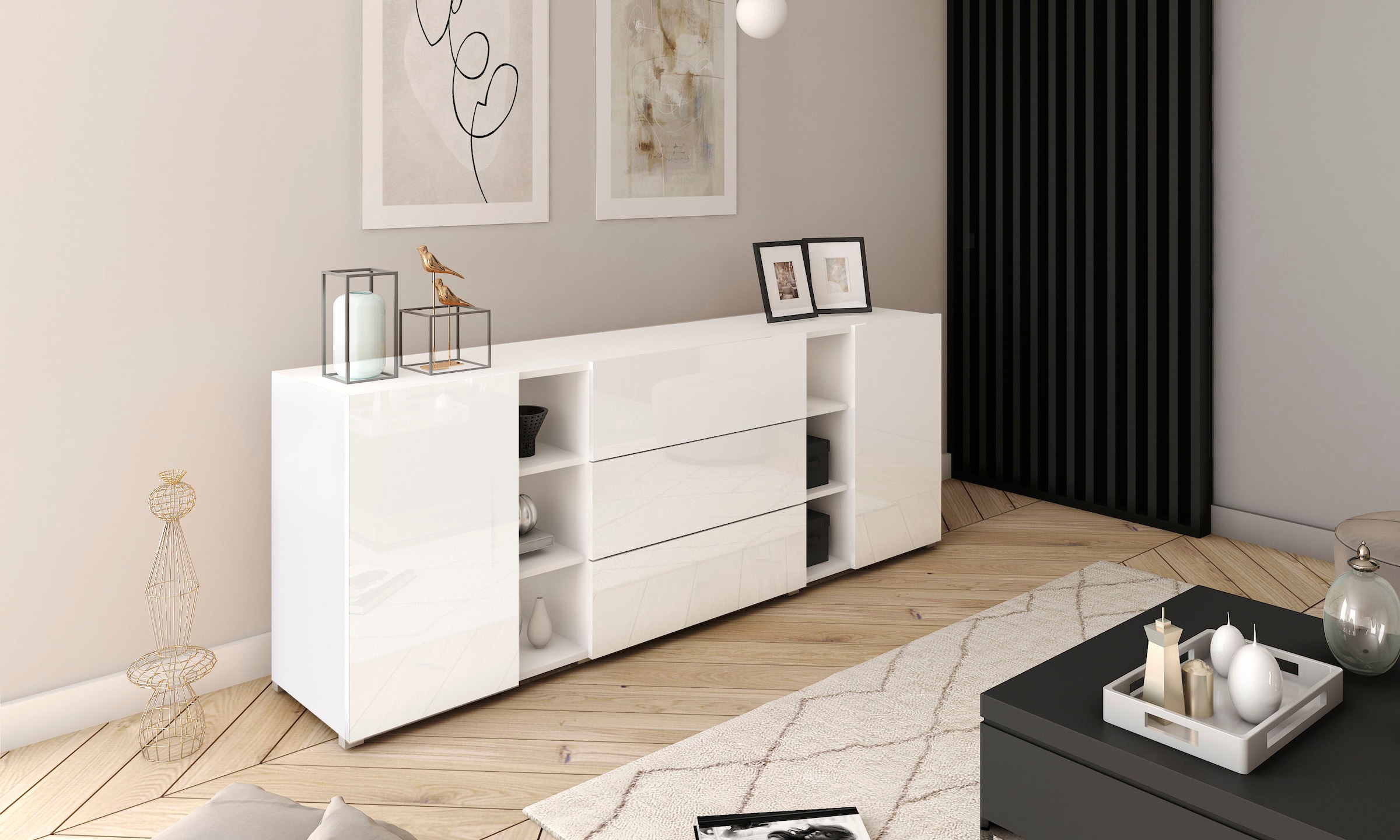 INOSIGN Sideboard »BERLIN«, Moderne grifflose Kommode Breite 190 cm, offene Fächern/ Schubladen