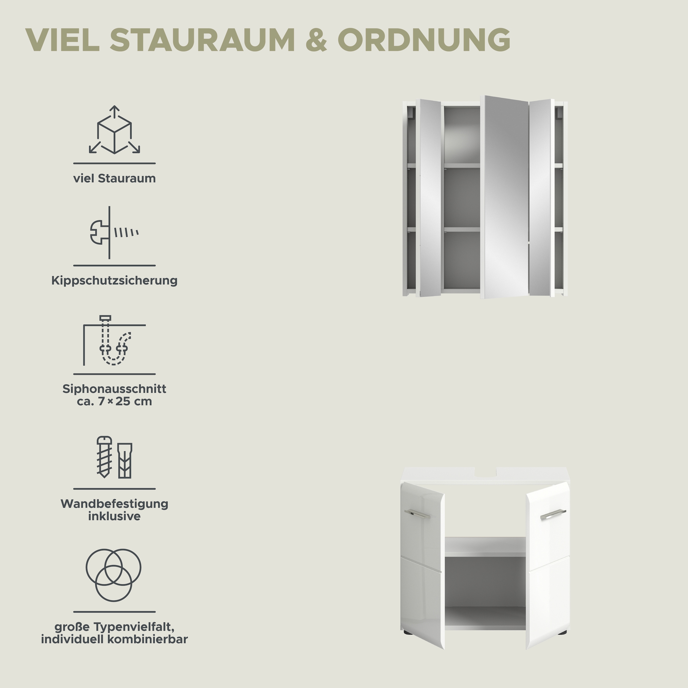 INOSIGN Badmöbel-Set »FLORENZ, TOPSELLER!, 2-teilige Badkombination, hochwertige MDF-Front«, (bestehend aus: 1 Waschbeckenunterschrank, 1 Spiegelschrank), Bad-Kombination, Bad-Möbel, Badezimmer, Kombination, Kombi