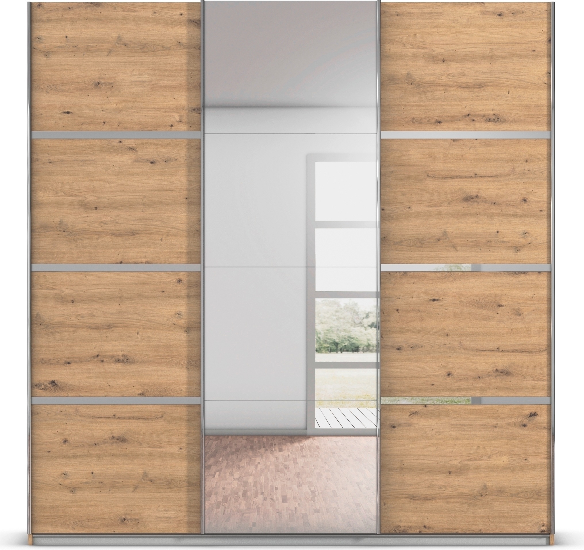rauch Kleiderschrank »Schwebetürenschrank OTTO´s Choice Garderobe Schrank TOP ANGEBOT Avola«, (in 3 verschiedenen Ausstattungen BASIC/CLASSIC/PREMIUM inkl. Spiegel), mit eleganten Zierleisten in Chrom, Schwarz oder Weiß MADE IN GERMANY