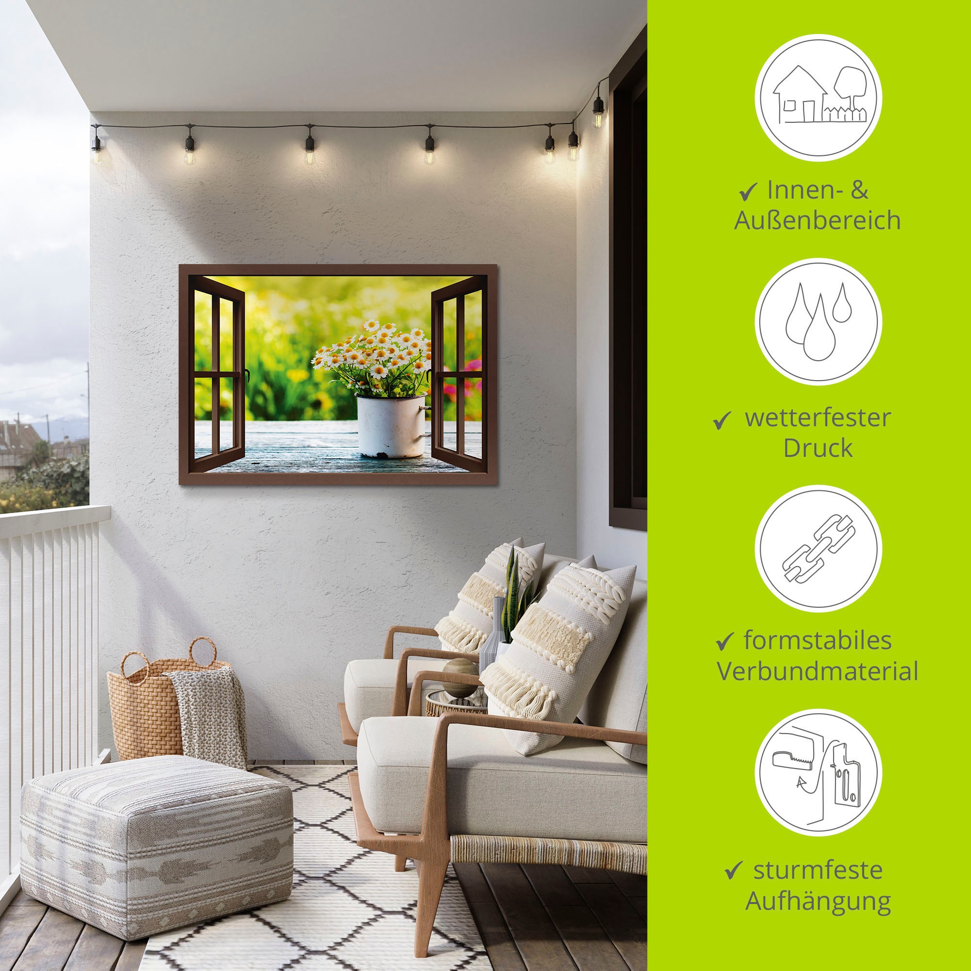 Artland Alu-Dibond-Druck »Fensterblick Garten mit Gänseblümchen« Blumen 1 Stk. tlg. für Innen- und Außenbereich geeignet, Outdoorbild