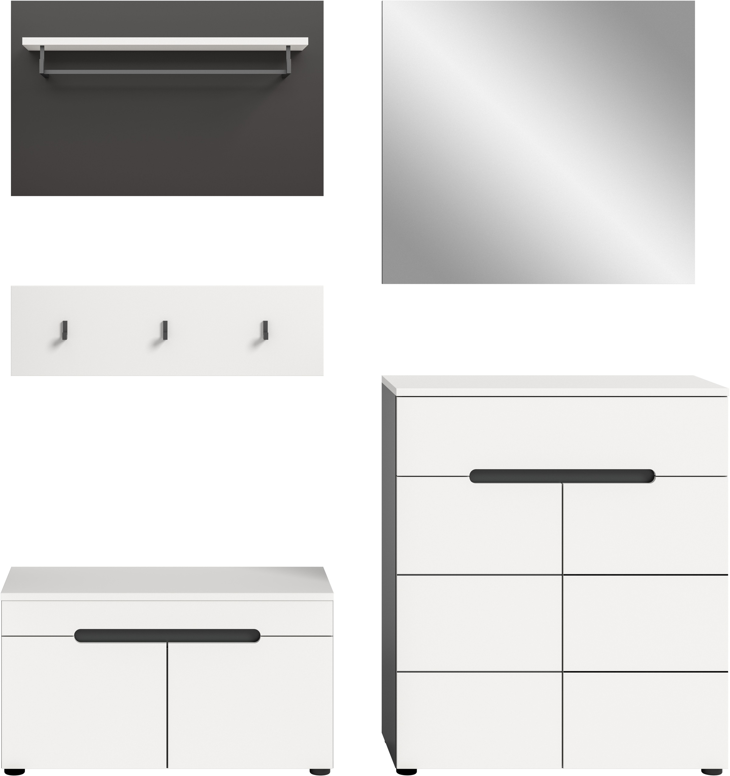 Home affaire Garderoben-Set »REHAT, TOPSELLER!, 5-teilig, Breite 175cm, individuell stellbar« bestehend aus: Sitzbank, Paneel, Hakenleiste, Spiegel, Kommode, 4 Stk. tlg.