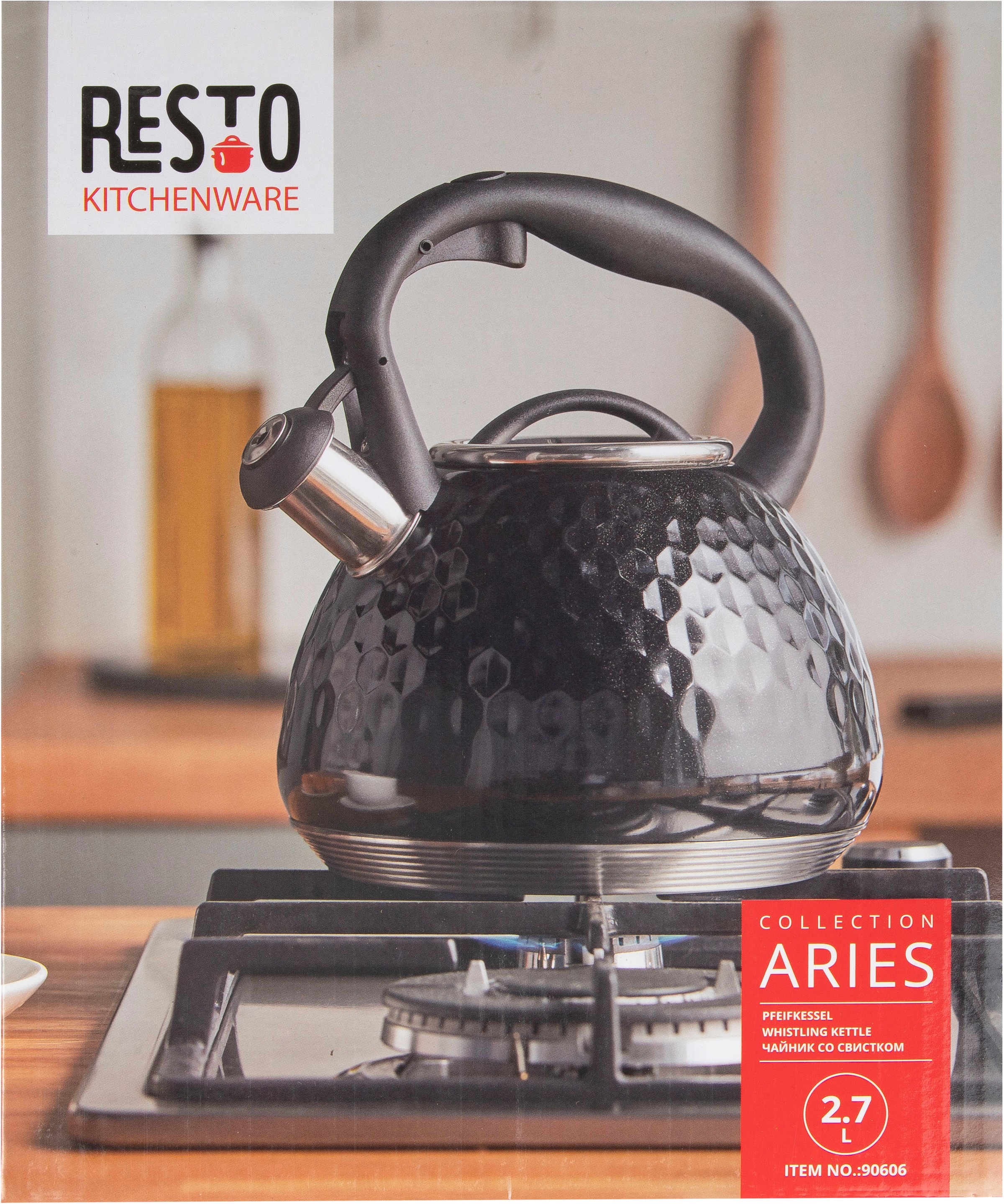 RESTO Kitchenware Wasserkessel »Aries, Flötenkessel 2,7 l, mit 3D-Design, im Geschenkkarton«, Edelstahl, (1 tlg.), mit ergonomischem, wärmeableitenden Bakelit-Griff