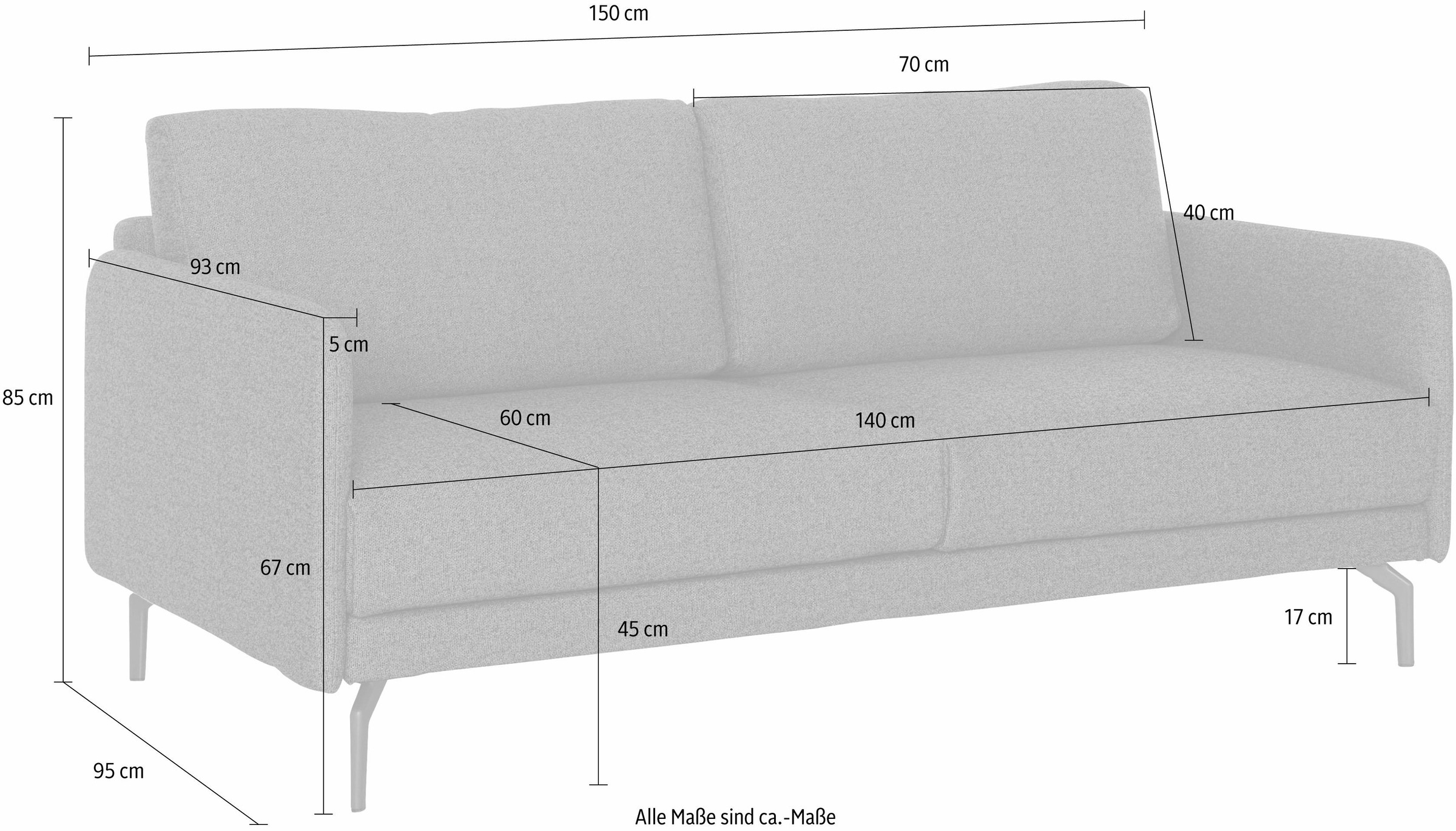 »hs.450«, in Breite sofa kaufen schmal, 2-Sitzer 150 Armlehne sehr umbragrau, cm hülsta online Alugussfüße