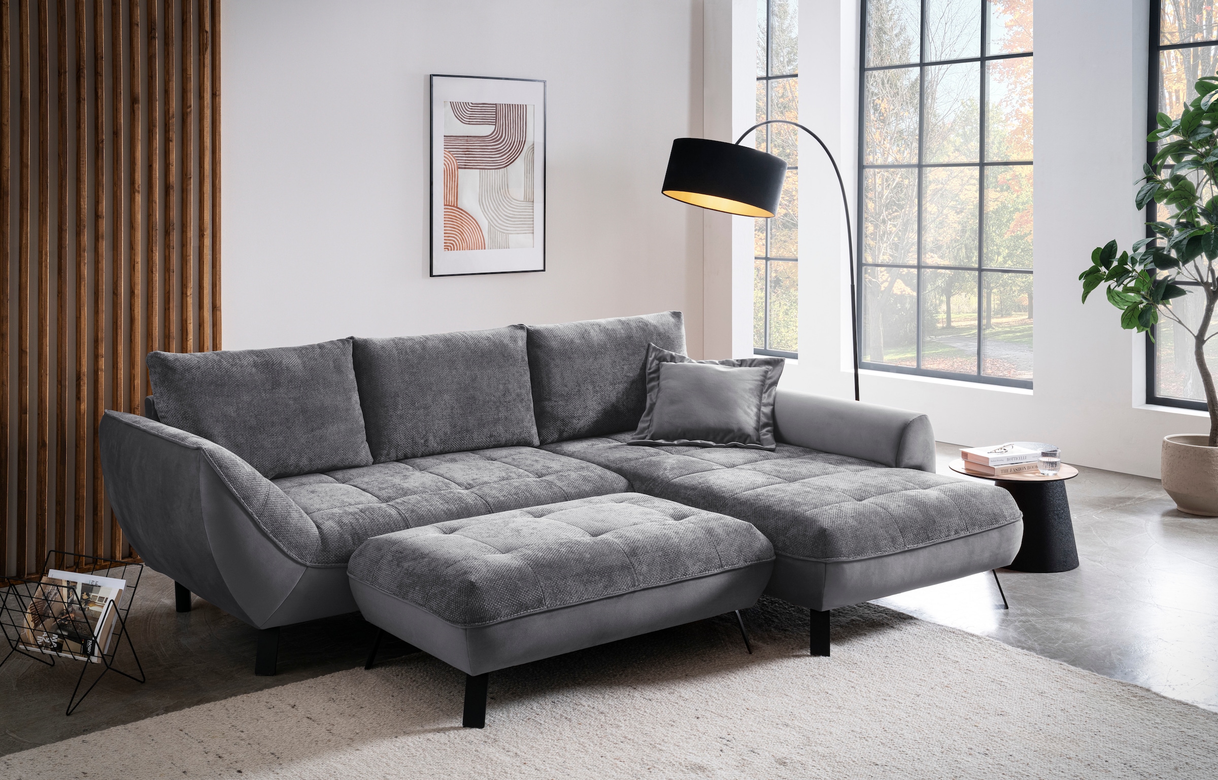 exxpo - sofa fashion Ecksofa »Bellinii, Materialmix, Strukturbezug und pflegeleichter Microvelours«, bequem und modern, Materialmix, L-Form
