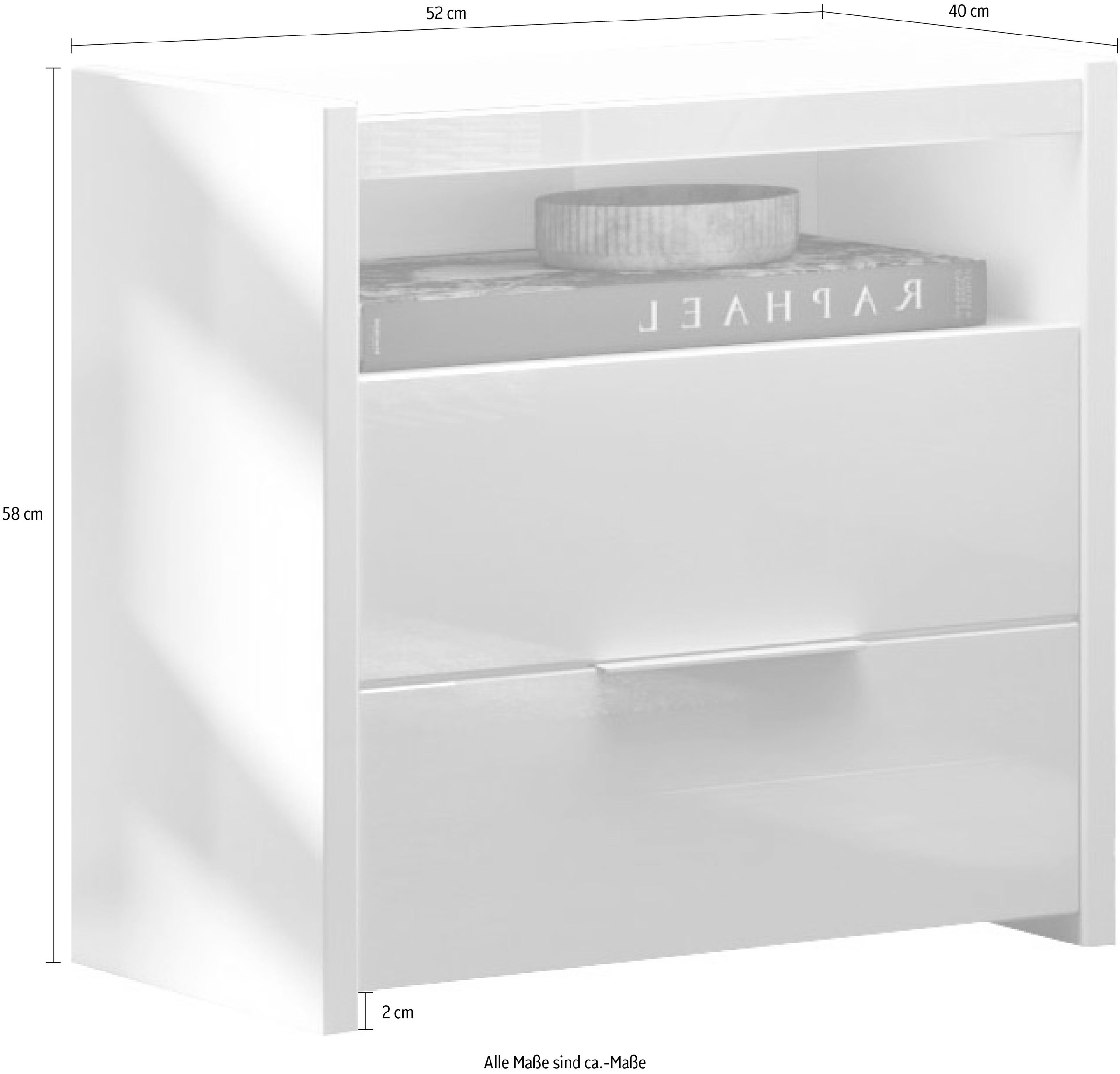 INOSIGN Nachtkommode »Malmo, Nachtschrank 2er Set, B/T/H 52/40/58 cm, mit 2 Schubkästen,«, (Set, 2 Nachtkommoden), offene Ablage, Top 22 mm stark, Metallgriff, Weiss Hochglanz Lack