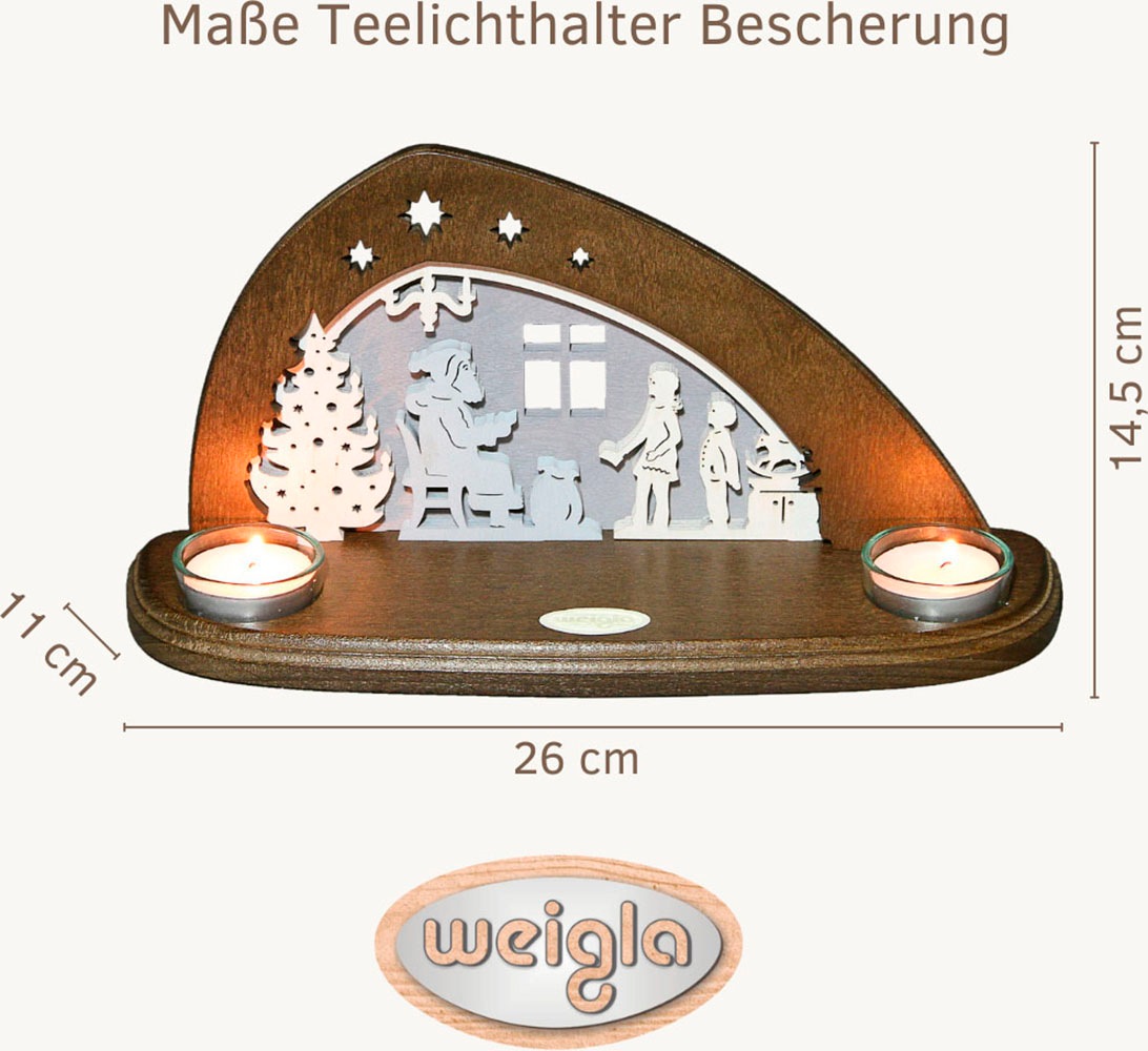 Weigla Teelichthalter »Bescherung, Mini Schwibbogen, Tischdeko für Weihnachten«, (1 St.), Erzgebirge garantiert, Weihnachtsdeko Innen, Weihnachtsbeleuchtung