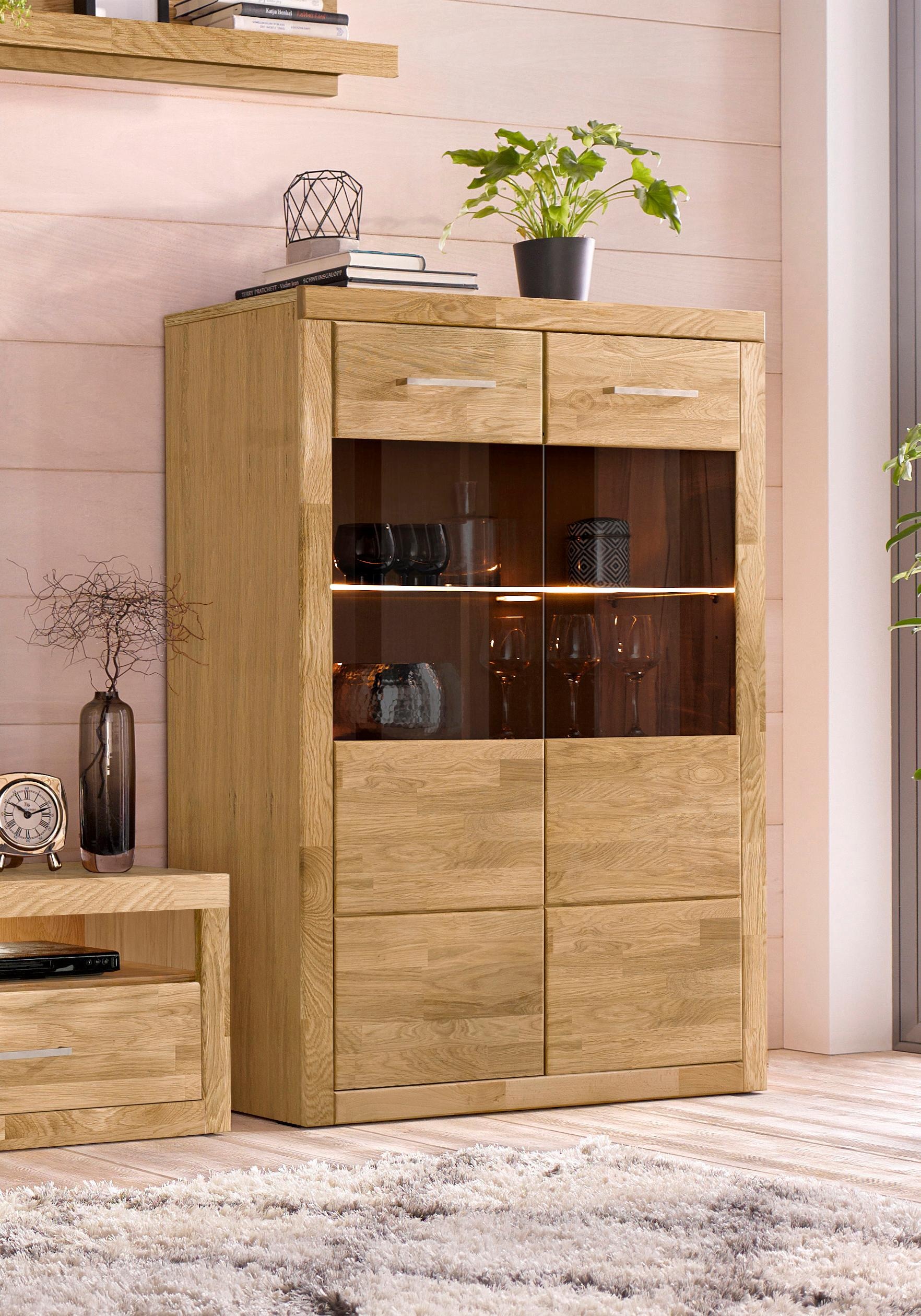 Home affaire Stauraumvitrine »Ribe,90cm breit,125cm hoch, Fronten Massivholz,4 breite Fächer«, Korpus Holzwerkstoff,2Türen mit Glaseinsatz, Böden versetzbar