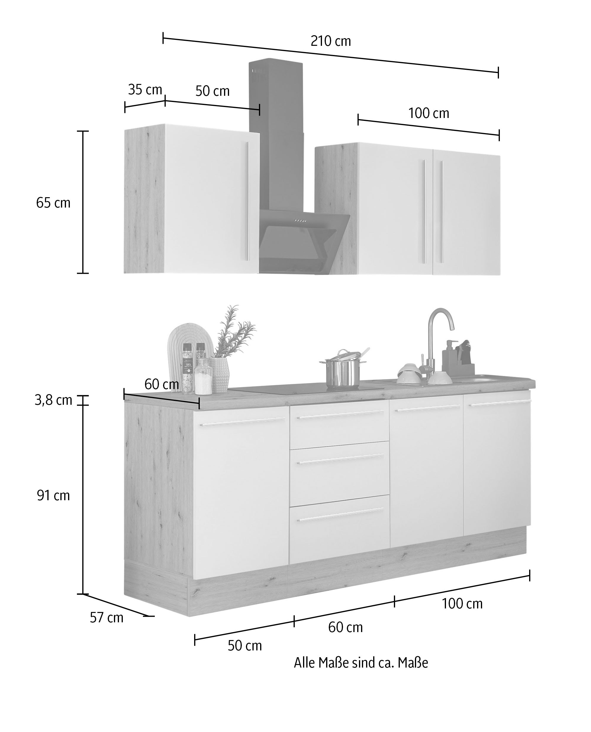 KOCHSTATION Küchenzeile »Florida«, Breite 210 cm, Softclose für Türen und Schubkästen, ohne E-Geräte