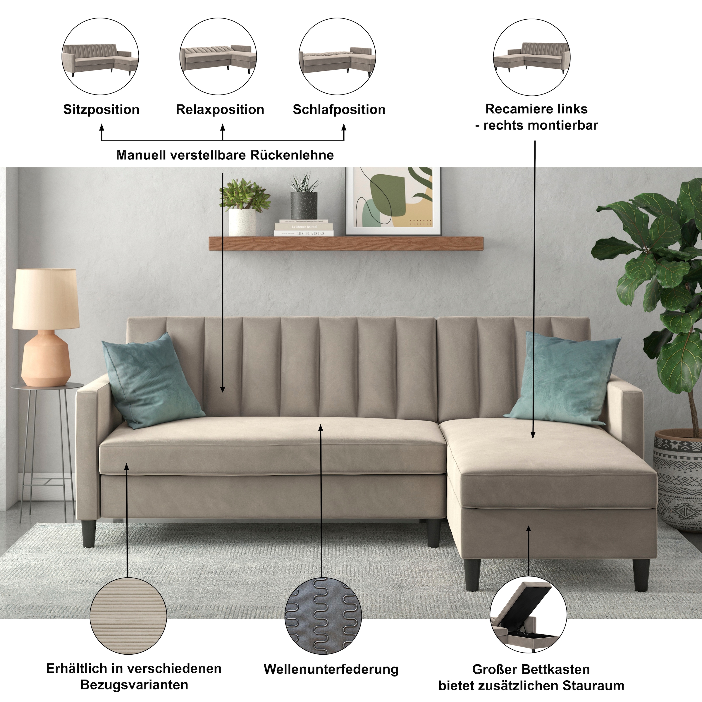 Dorel Home Ecksofa »Celine, L-Form,« mit Bett-Funktion und Stauraum. Recamiere beidseitig montierbar