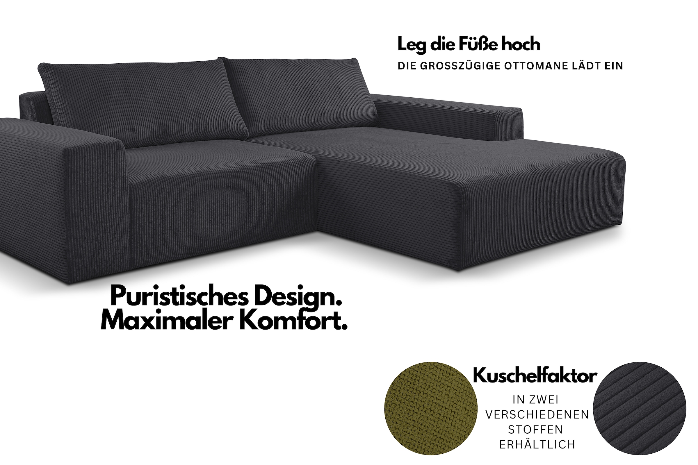 WERK2 Ecksofa »Rio 262 x 188 cm, modern & bequem, aktuelles Design, breite Armlehnen« Cord, L-Form