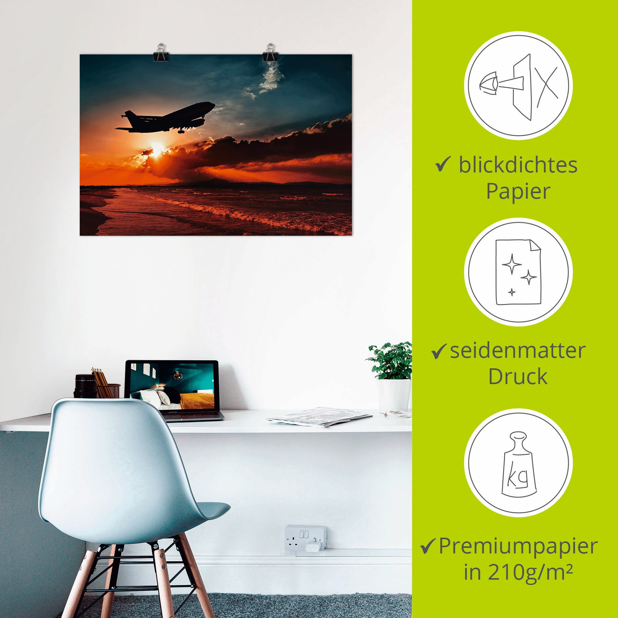 Artland Poster »Startendes Linienflugzeug am Abendhimmel«, Flugzeuge & Helikopter, (1 St.), als Alubild, Leinwandbild, Wandaufkleber oder Poster in versch. Größen