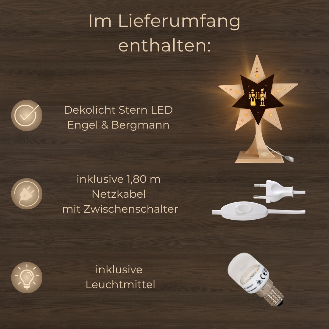 Weigla Dekostern »LED Engel & Bergmann, Dekoleuchte aus Holz, NATUR-BRAUN«