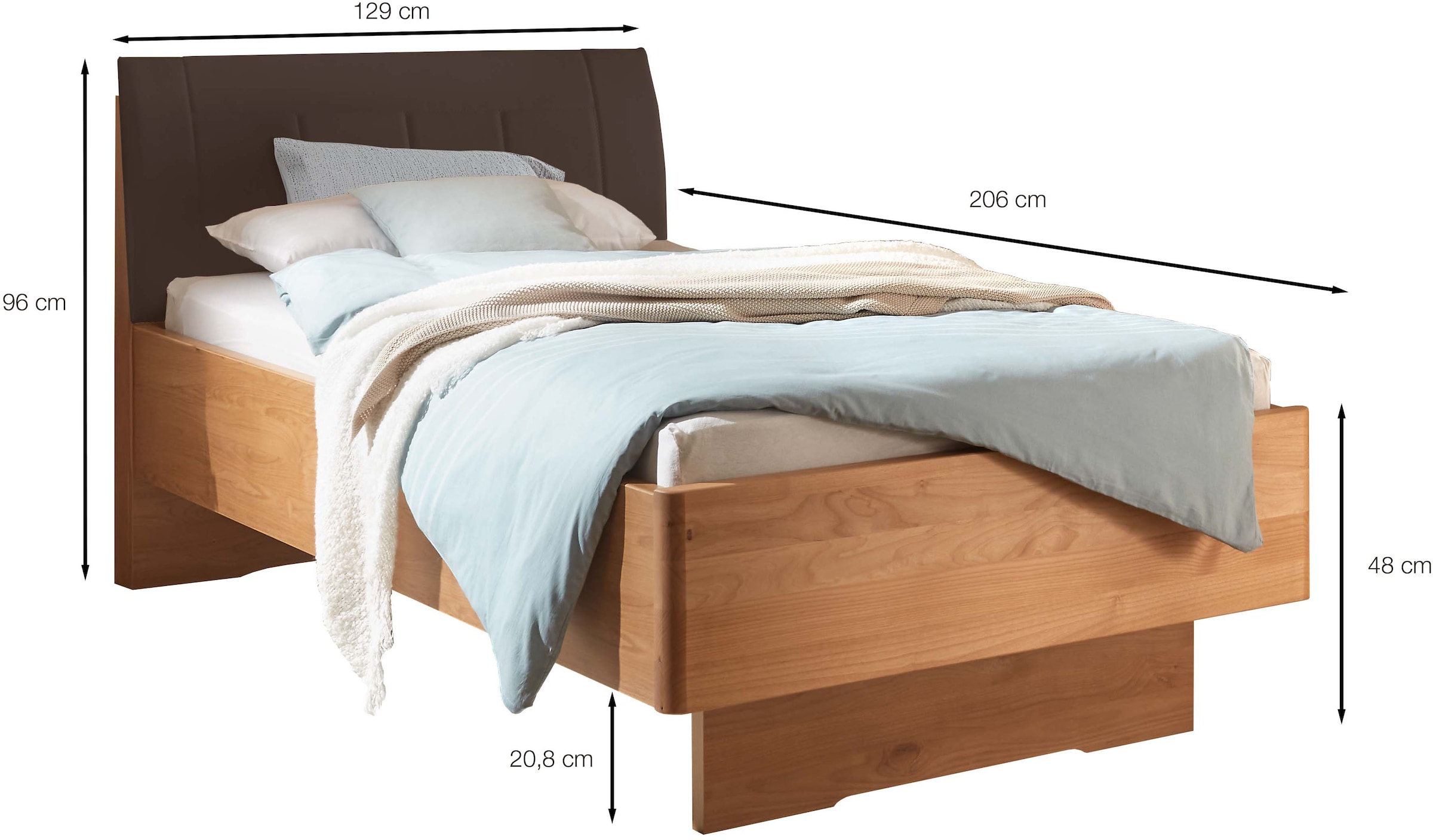 WIEMANN Holzbett »Cardiff, Bettgestell, Bettrahmen, teilmassiv, mit Polsterkopfteil«, (Belastbarkeit 110/220 Kg, 4-fache höhenverstellbar, MADE IN GERMANY), Fußteil aus Massivholz, verschiedene Größen
